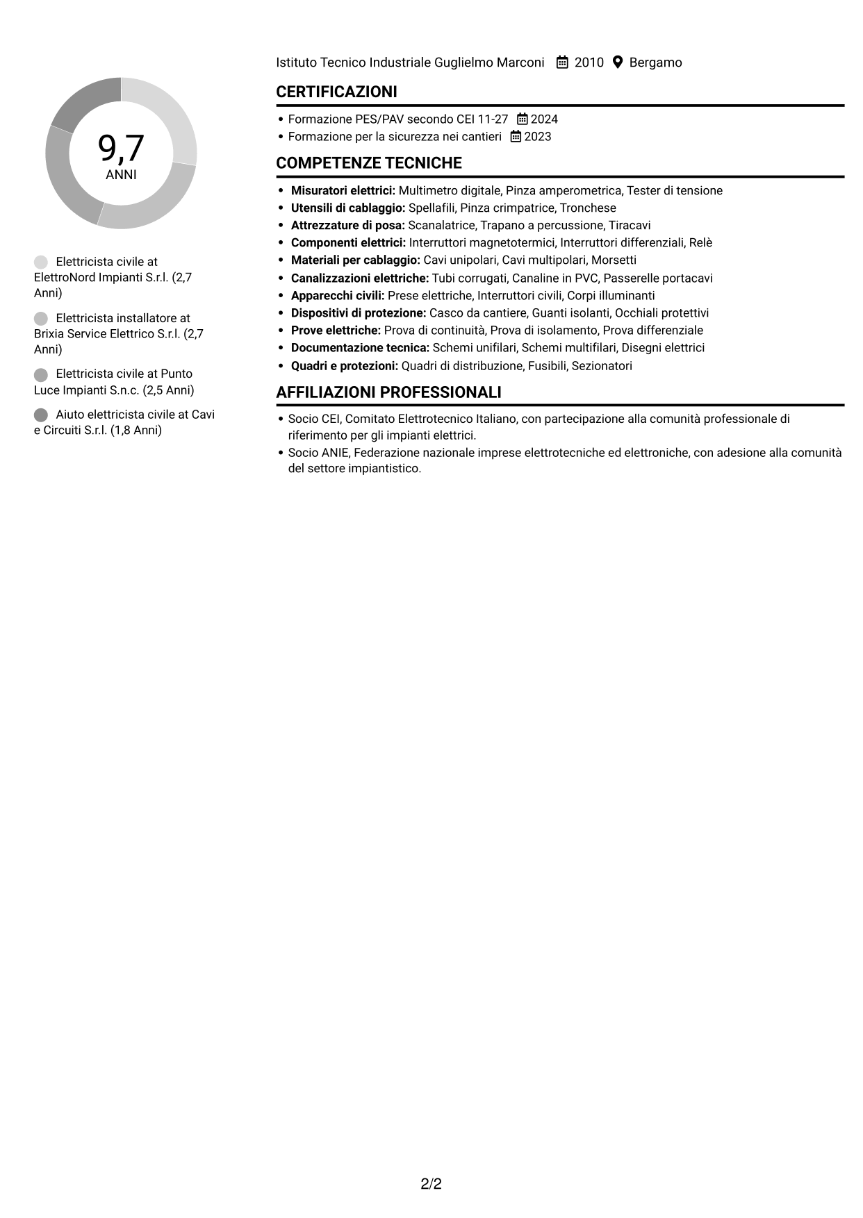 CV Compatto (formato sobrio a due colonne con foto): Elettricista civile, pagina 2