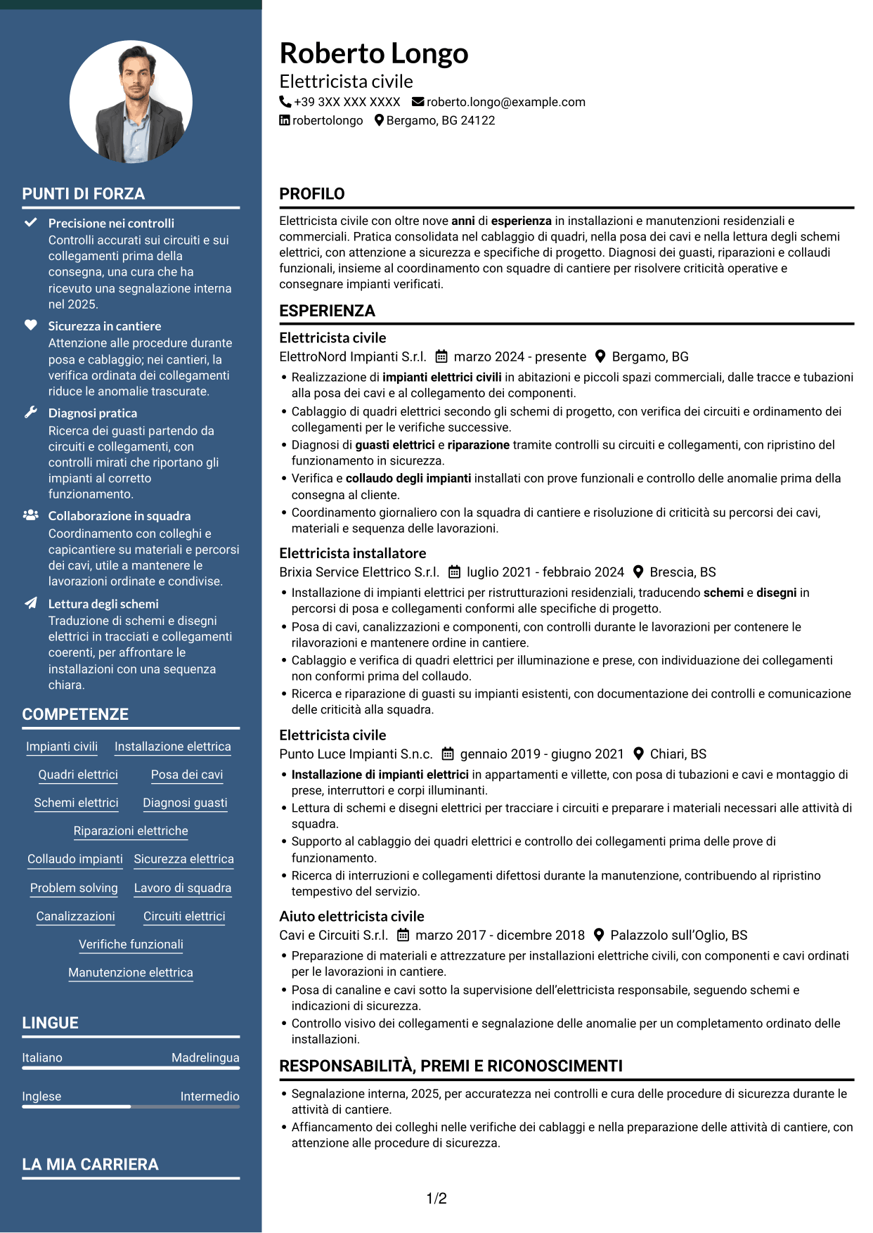 CV Elegante (formato con colonna laterale colorata e foto): Elettricista civile, pagina 1
