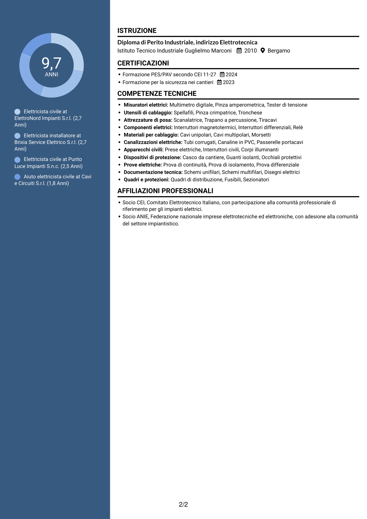 CV Elegante (formato con colonna laterale colorata e foto): Elettricista civile, pagina 2