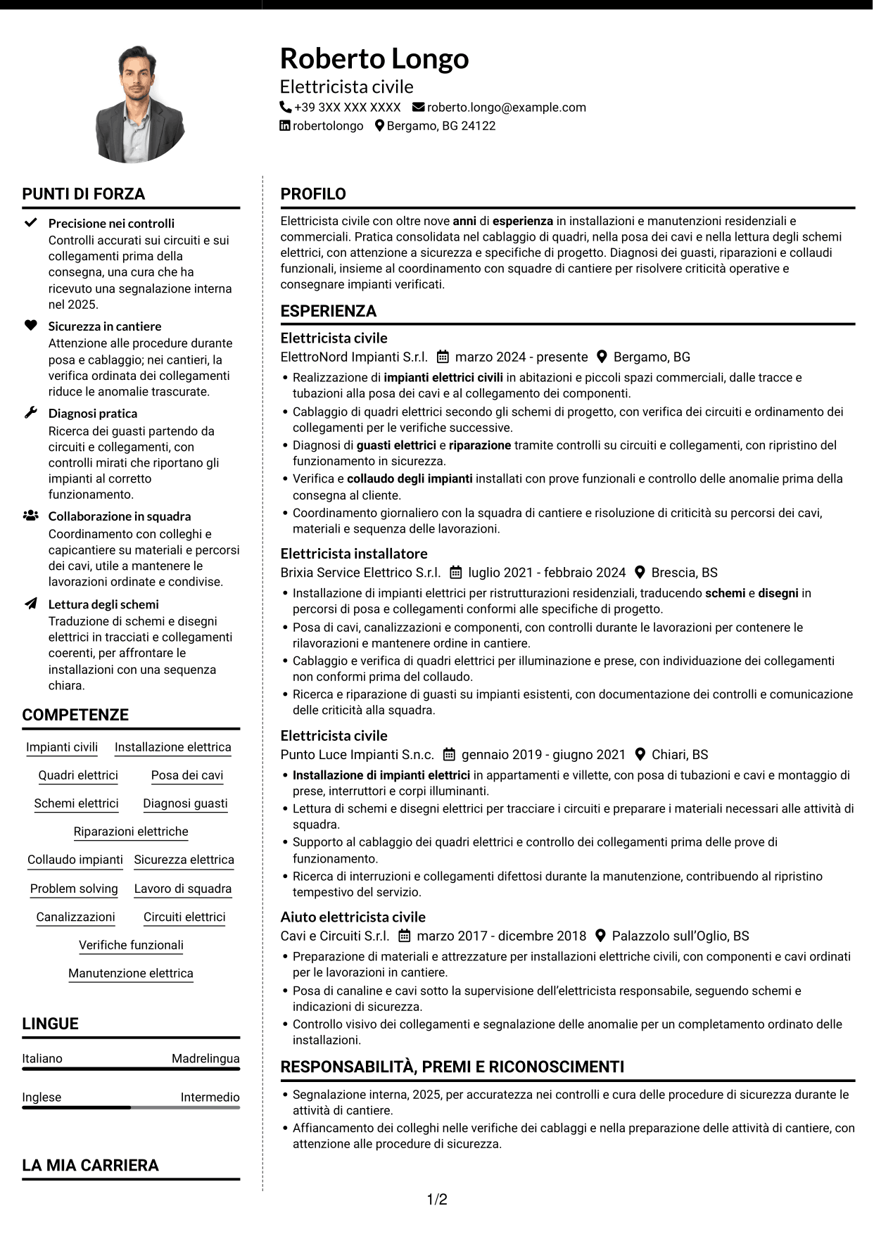 CV Moderno (formato a due colonne con foto a sinistra e separatore): Elettricista civile, pagina 1