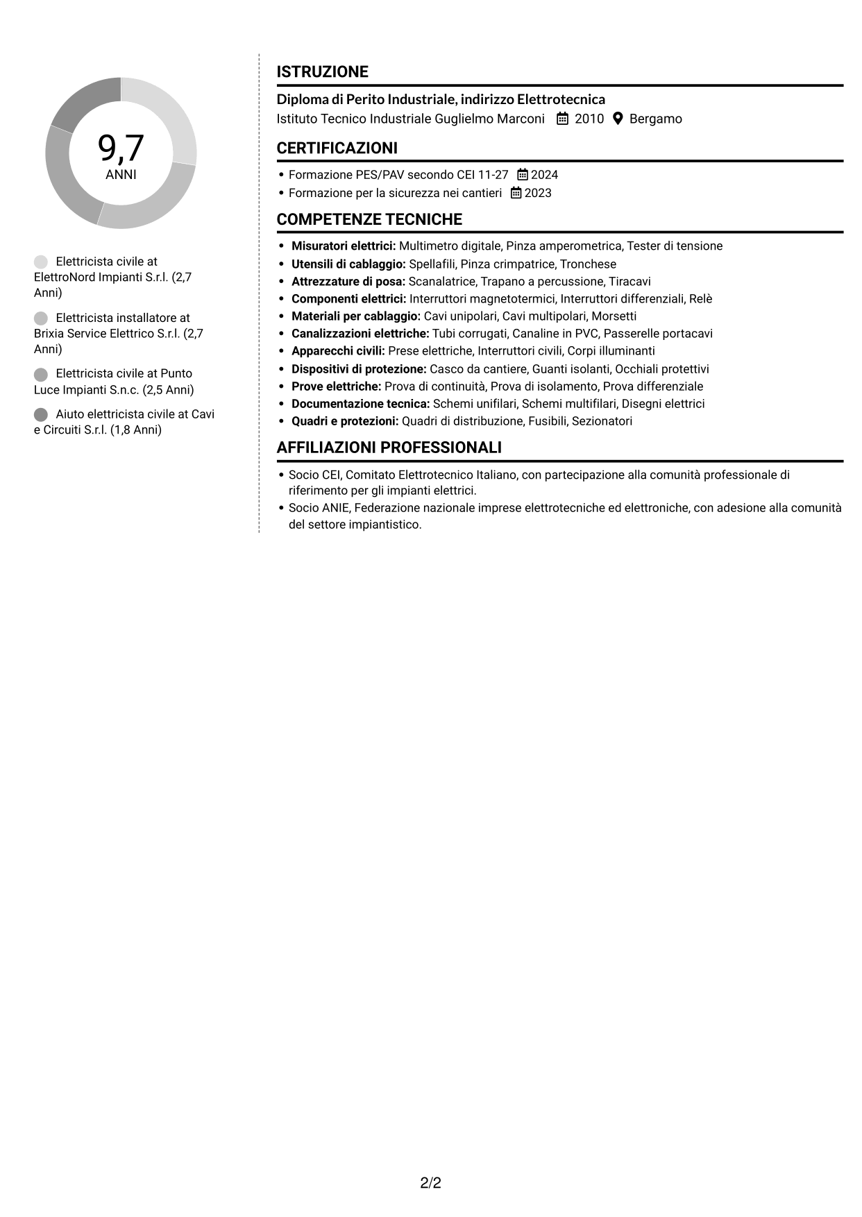 CV Moderno (formato a due colonne con foto a sinistra e separatore): Elettricista civile, pagina 2