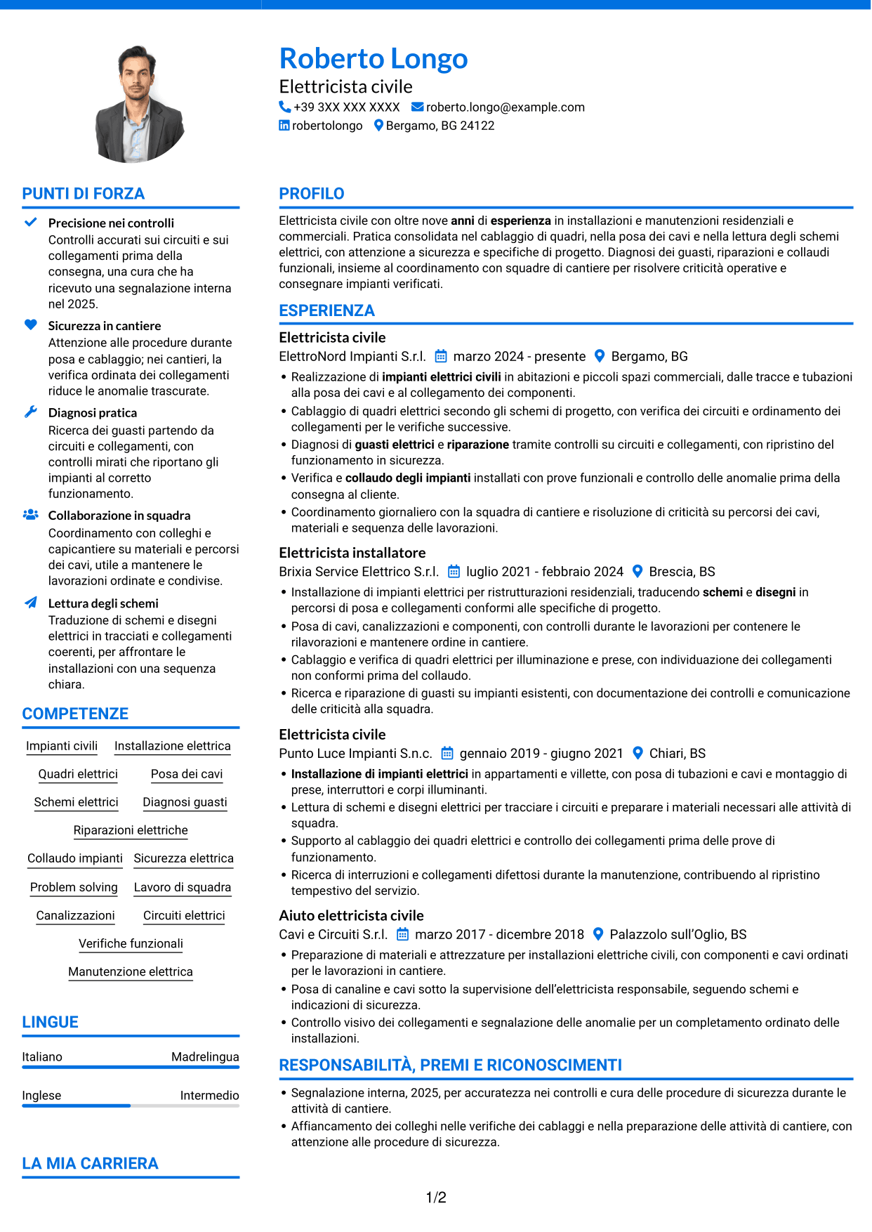 CV Audace (formato a due colonne con accenti colorati e foto): Elettricista civile, pagina 1