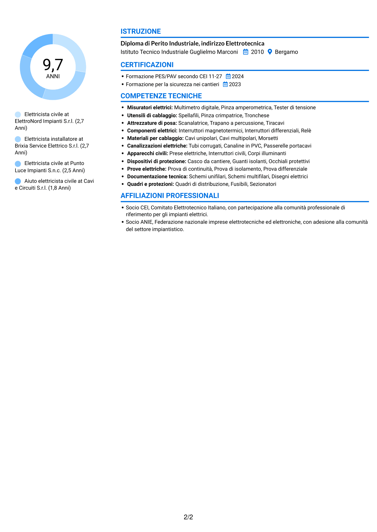 CV Audace (formato a due colonne con accenti colorati e foto): Elettricista civile, pagina 2
