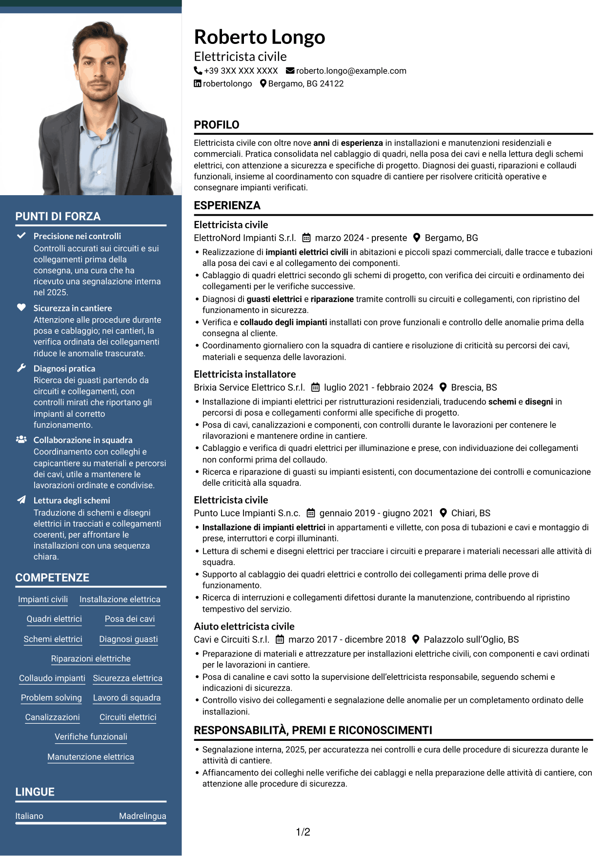 CV Signature (formato con colonna laterale colorata e foto grande): Elettricista civile, pagina 1