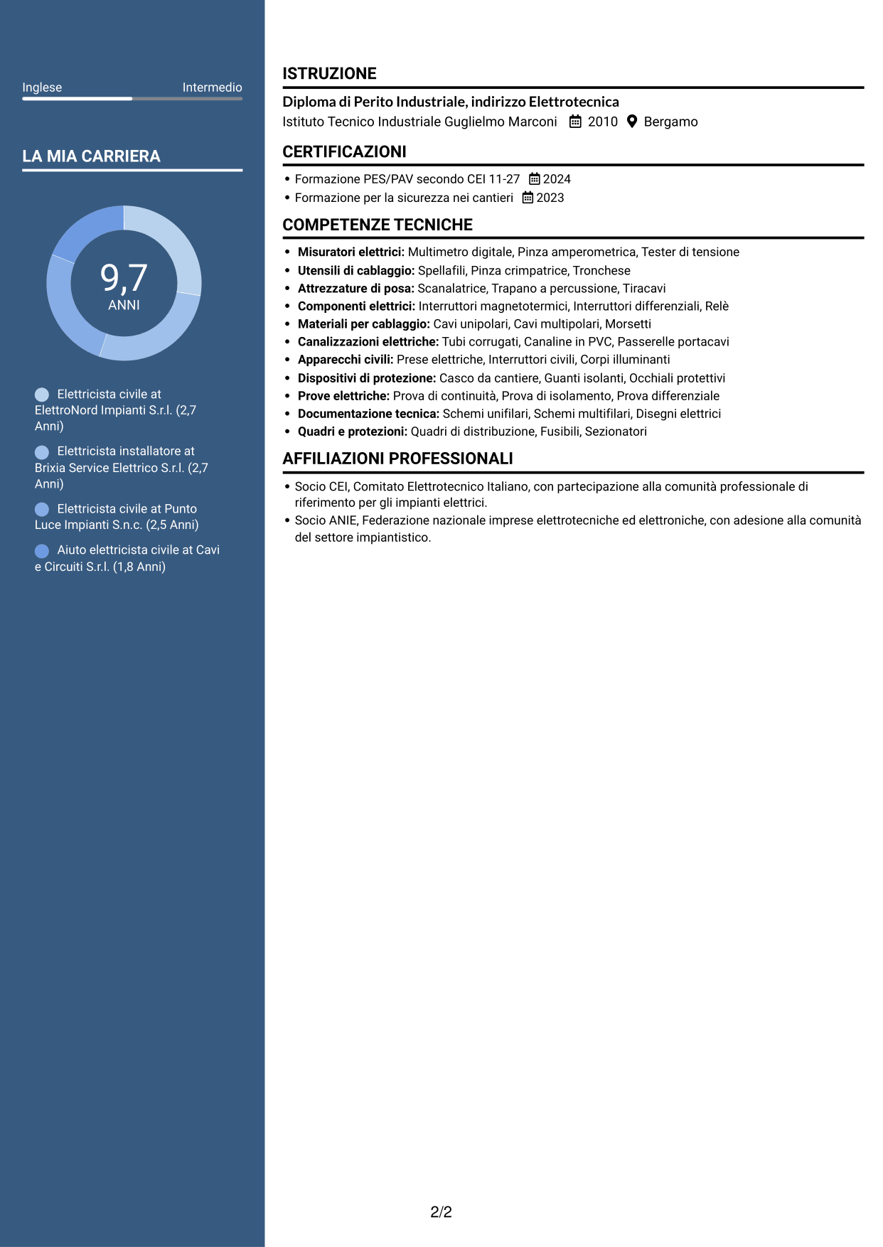 CV Signature (formato con colonna laterale colorata e foto grande): Elettricista civile, pagina 2
