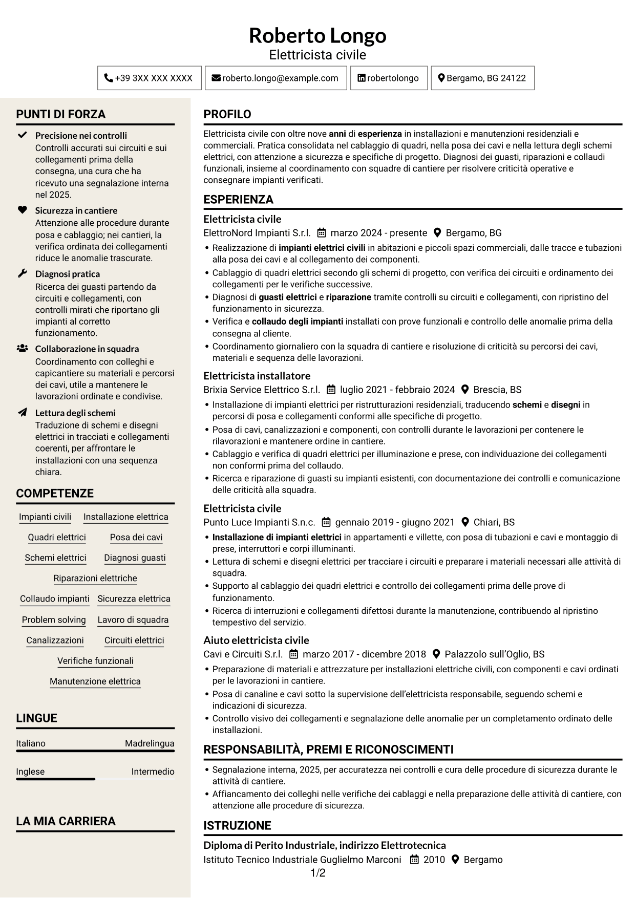 CV Intraprendente (formato a due colonne con intestazione centrata senza foto): Elettricista civile, pagina 1