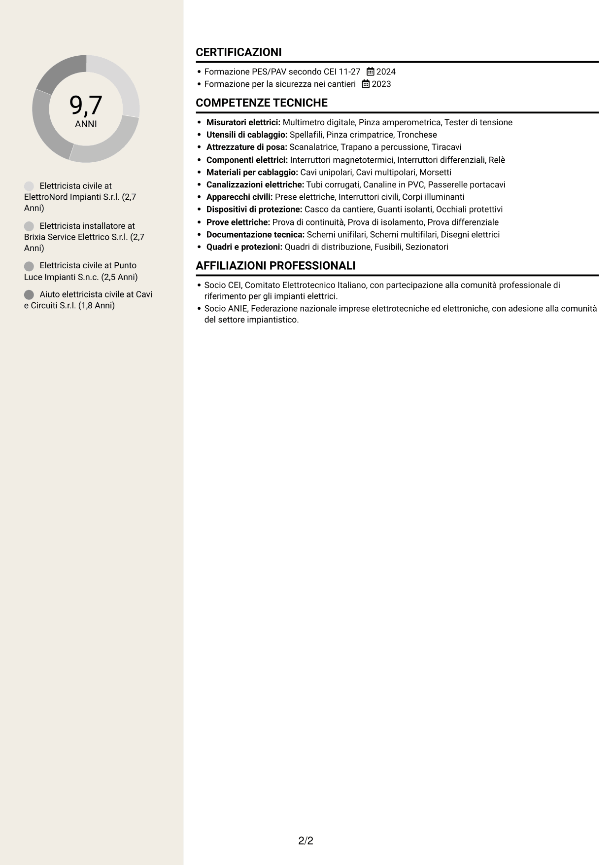 CV Intraprendente (formato a due colonne con intestazione centrata senza foto): Elettricista civile, pagina 2