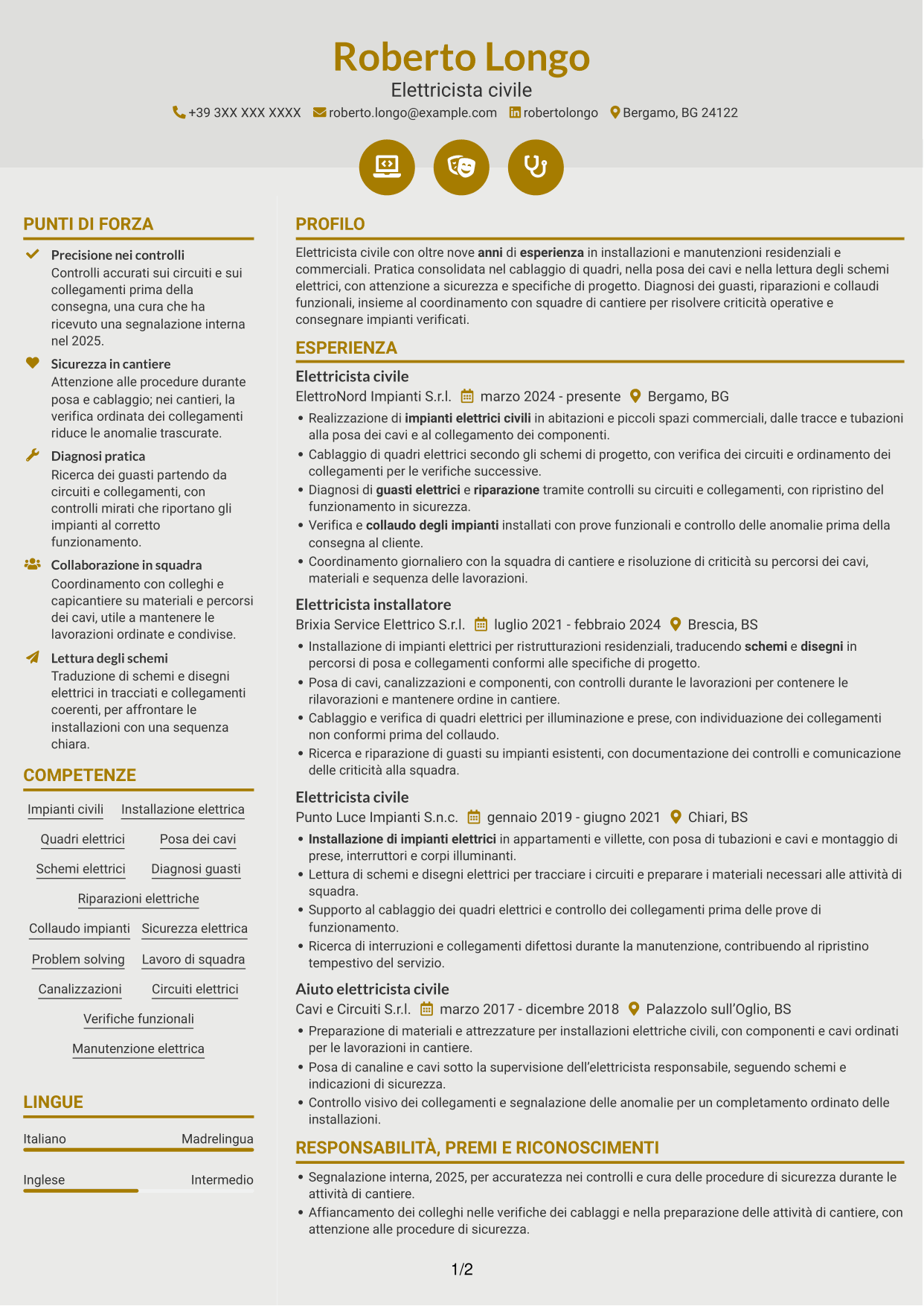 CV Dinamico (formato a due colonne con icone): Elettricista civile, pagina 1