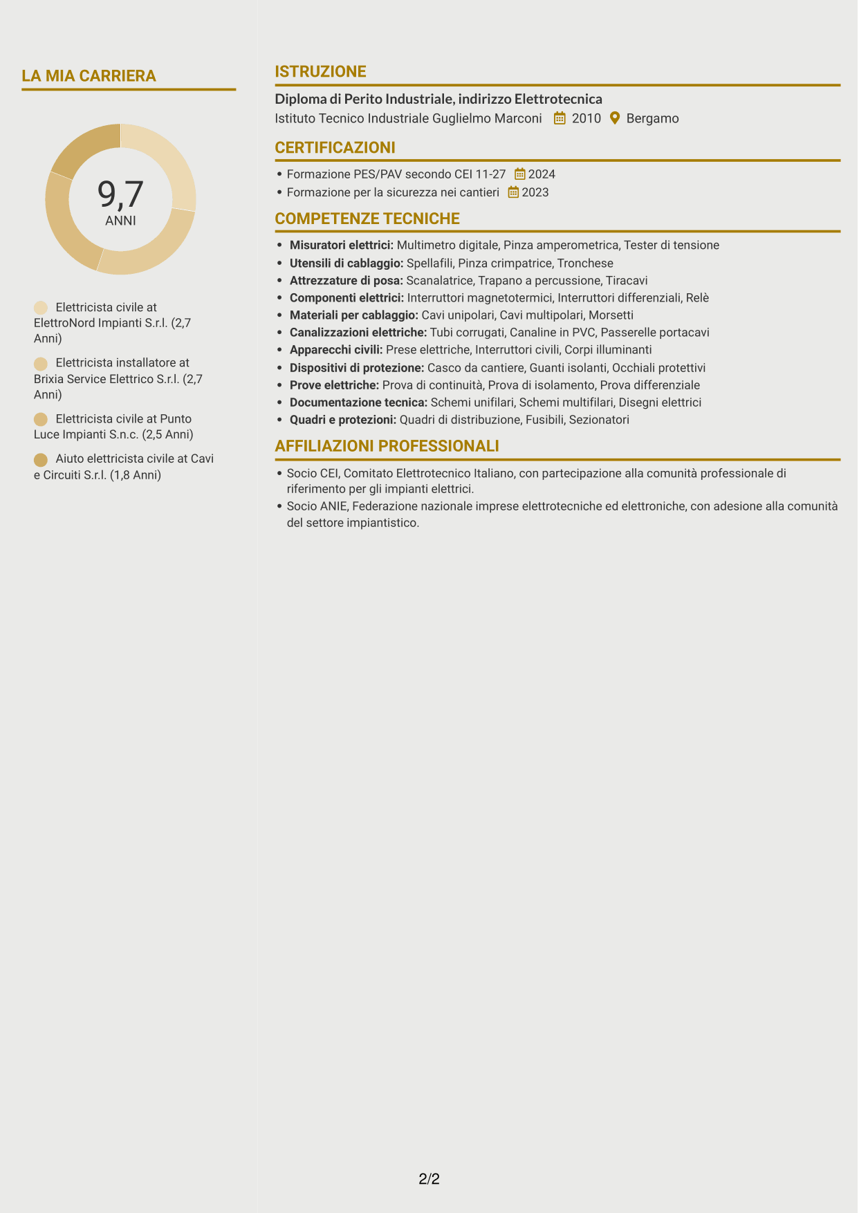 CV Dinamico (formato a due colonne con icone): Elettricista civile, pagina 2