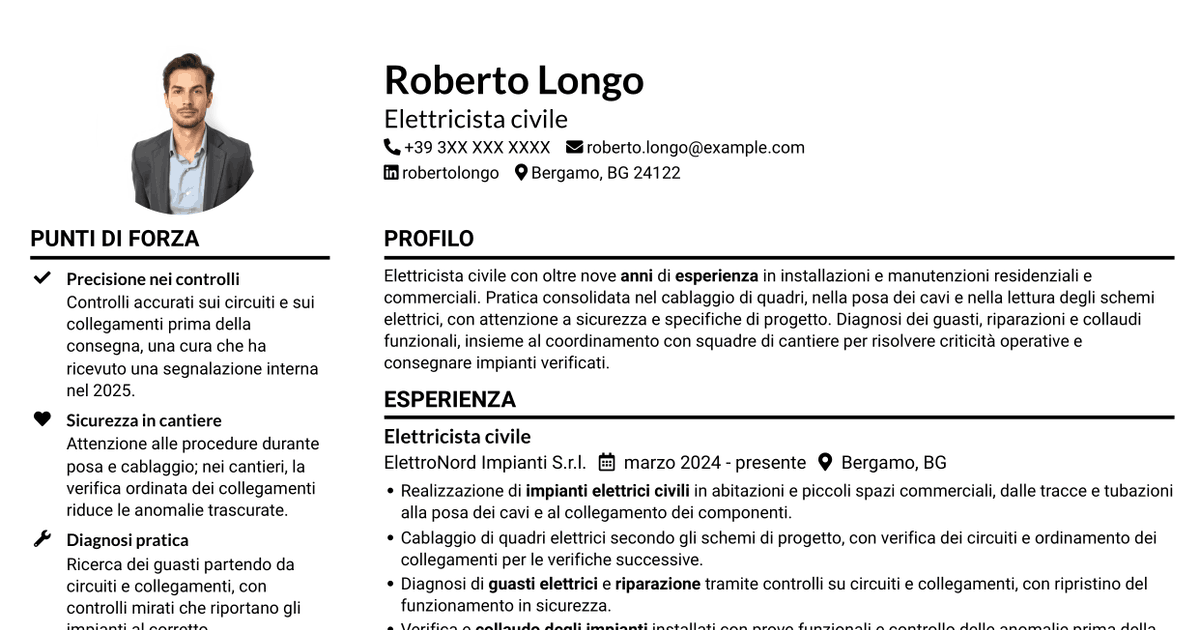 7 modelli di CV per Elettricista civile, con esempi