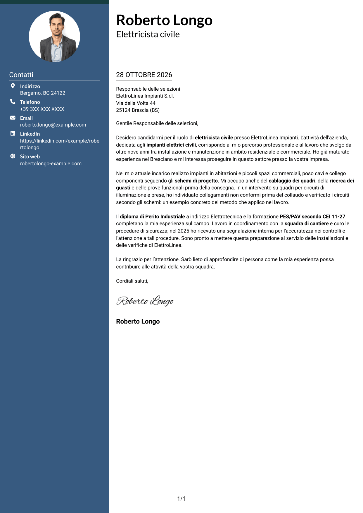 Lettera di presentazione Elegante (formato con colonna laterale colorata e foto): Elettricista civile, pagina 1