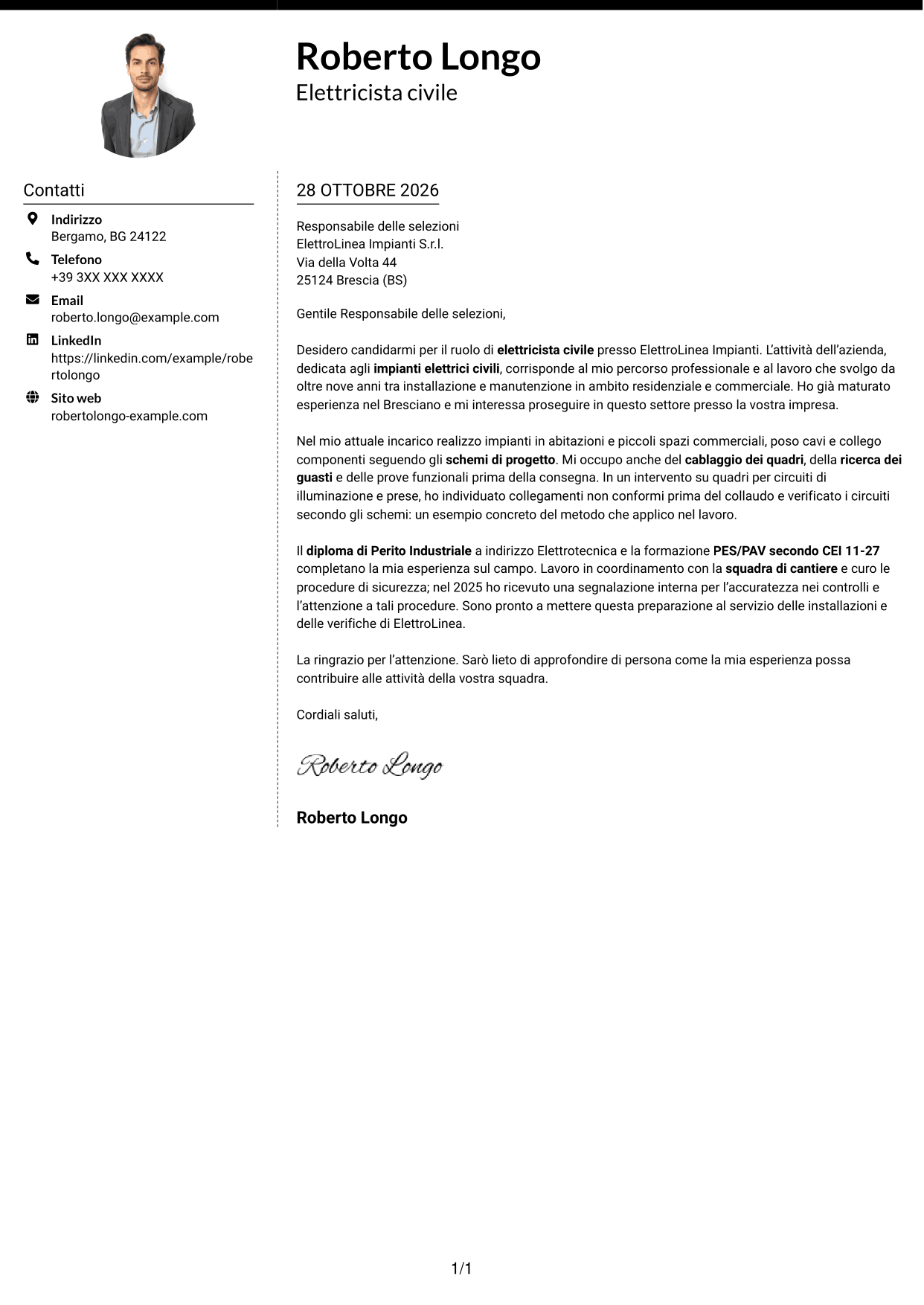 Lettera di presentazione Moderno (formato a due colonne con foto a sinistra e separatore): Elettricista civile, pagina 1