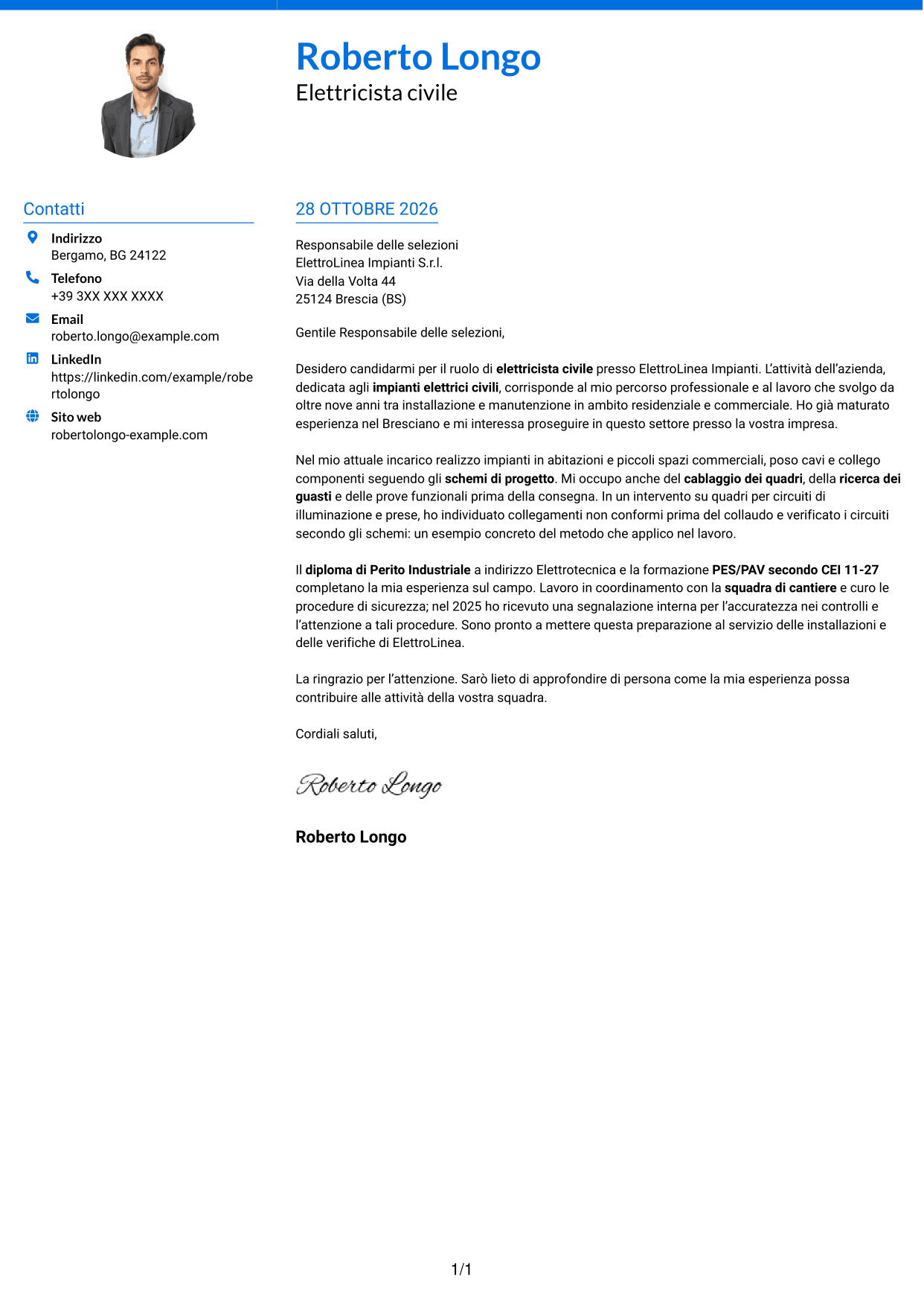 Lettera di presentazione Audace (formato a due colonne con accenti colorati e foto): Elettricista civile, pagina 1
