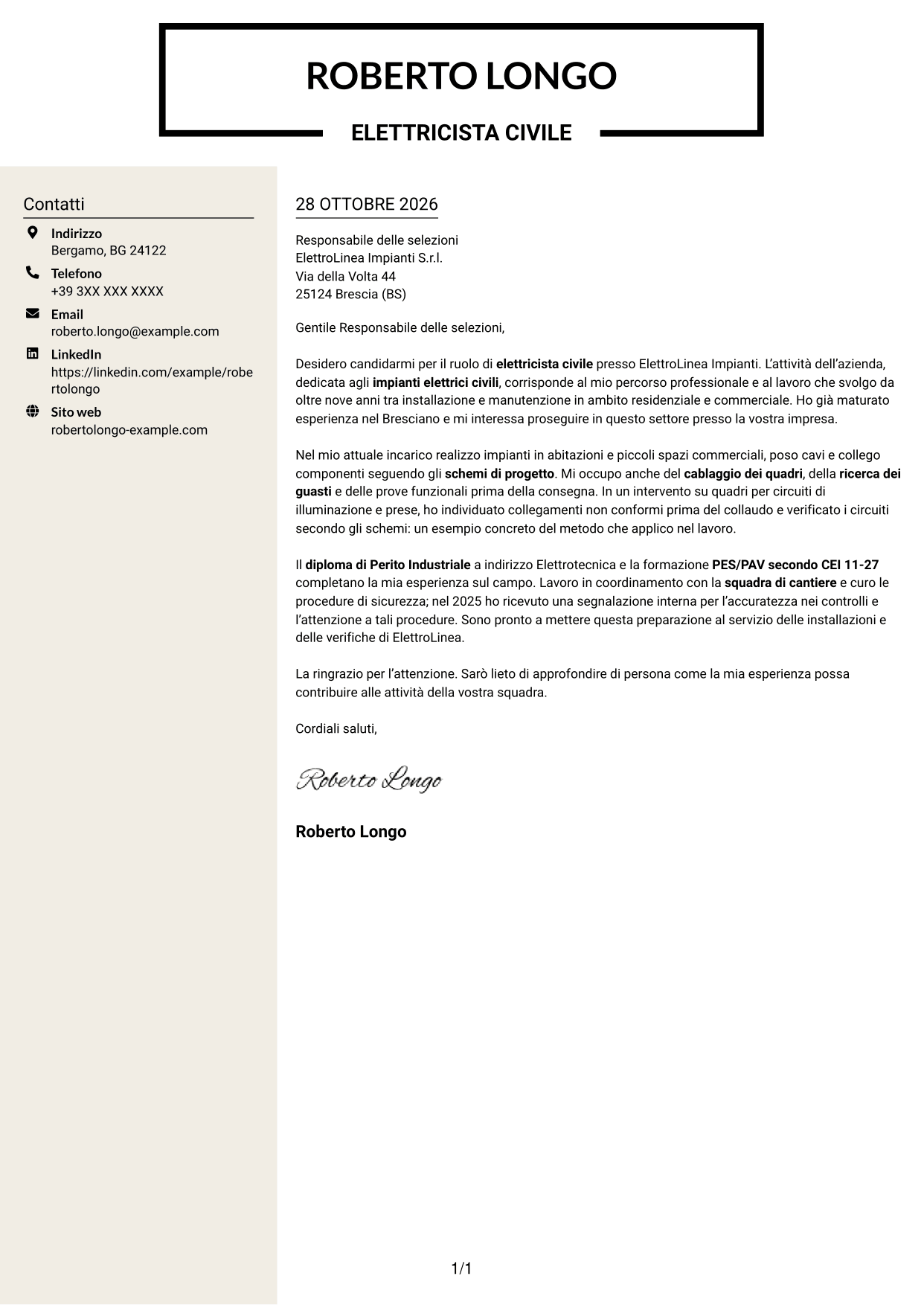Lettera di presentazione Intraprendente (formato a due colonne con intestazione centrata senza foto): Elettricista civile, pagina 1