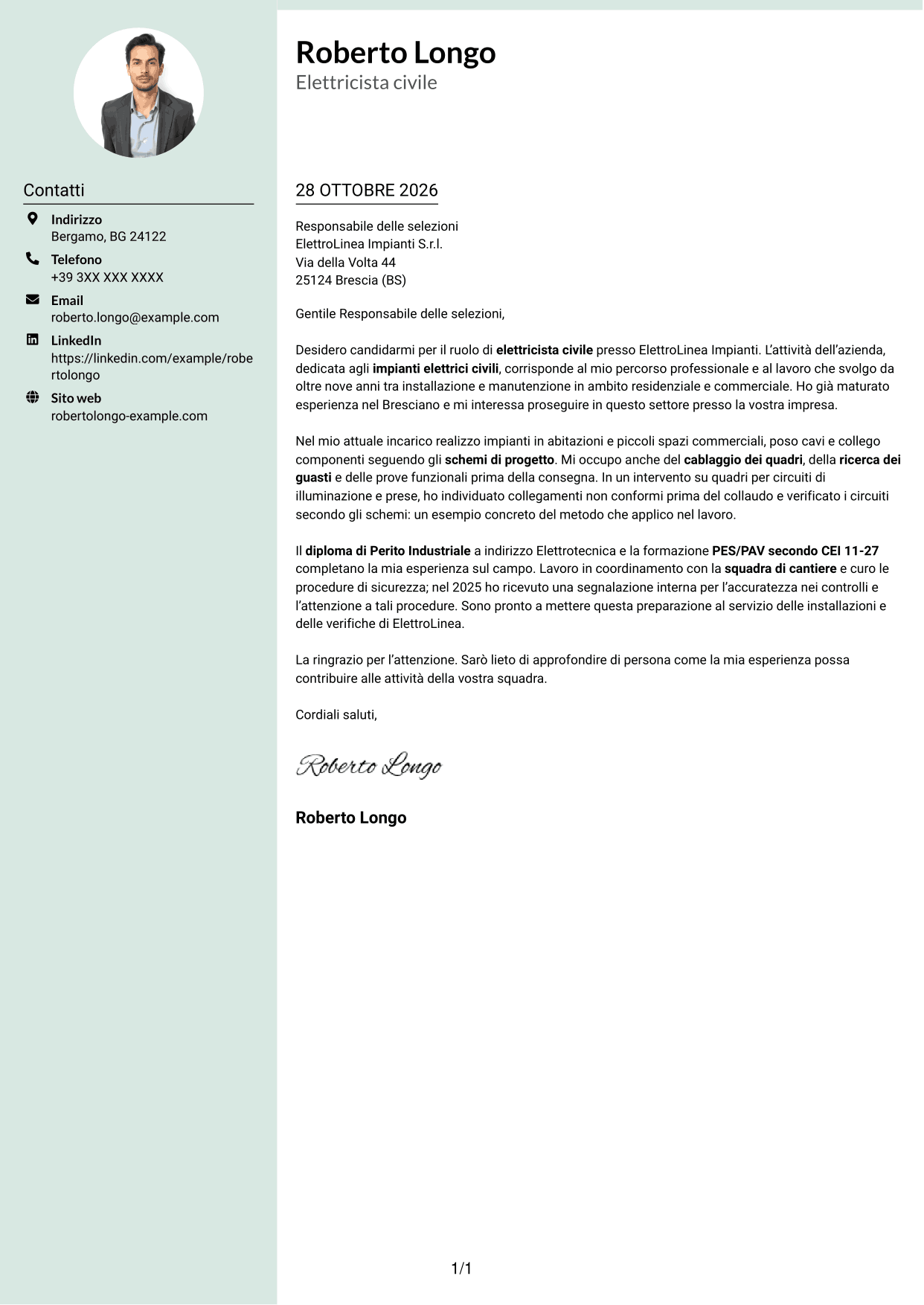 Lettera di presentazione Dirigente (formato con colonna laterale tenue e foto arrotondata): Elettricista civile, pagina 1
