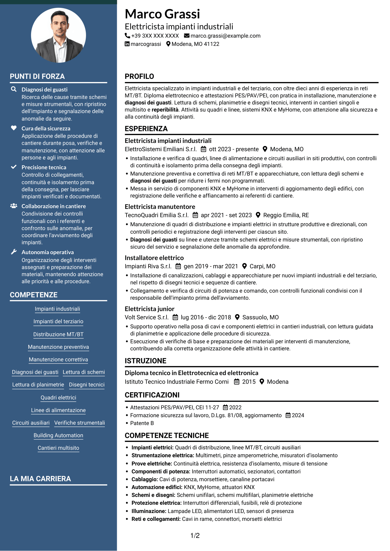 CV Elegante (formato con colonna laterale colorata e foto): Elettricista - Impianti industriali MT/BT, pagina 1