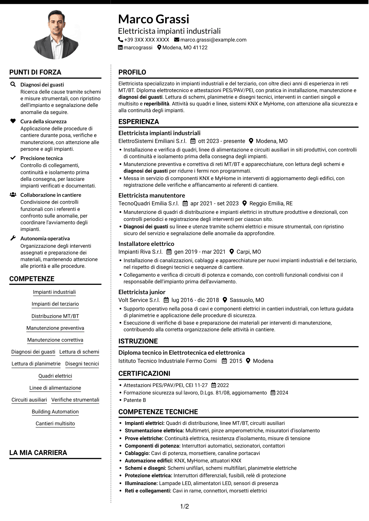 CV Moderno (formato a due colonne con foto a sinistra e separatore): Elettricista - Impianti industriali MT/BT, pagina 1