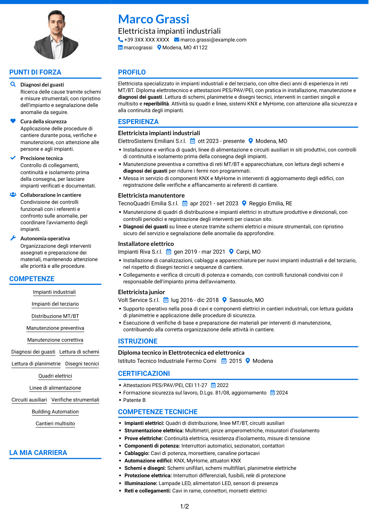 CV Audace (formato a due colonne con accenti colorati e foto): Elettricista - Impianti industriali MT/BT, pagina 1