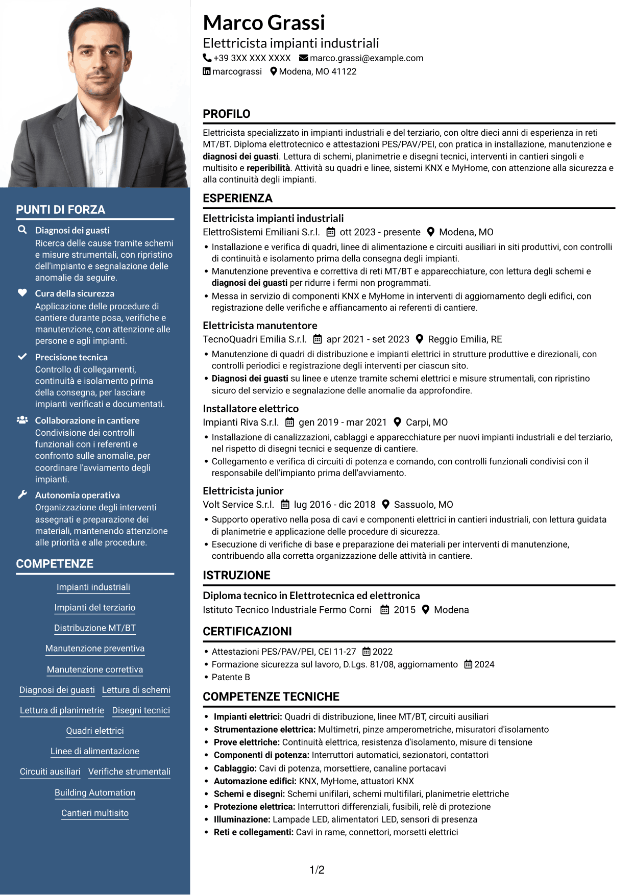 CV Signature (formato con colonna laterale colorata e foto grande): Elettricista - Impianti industriali MT/BT, pagina 1