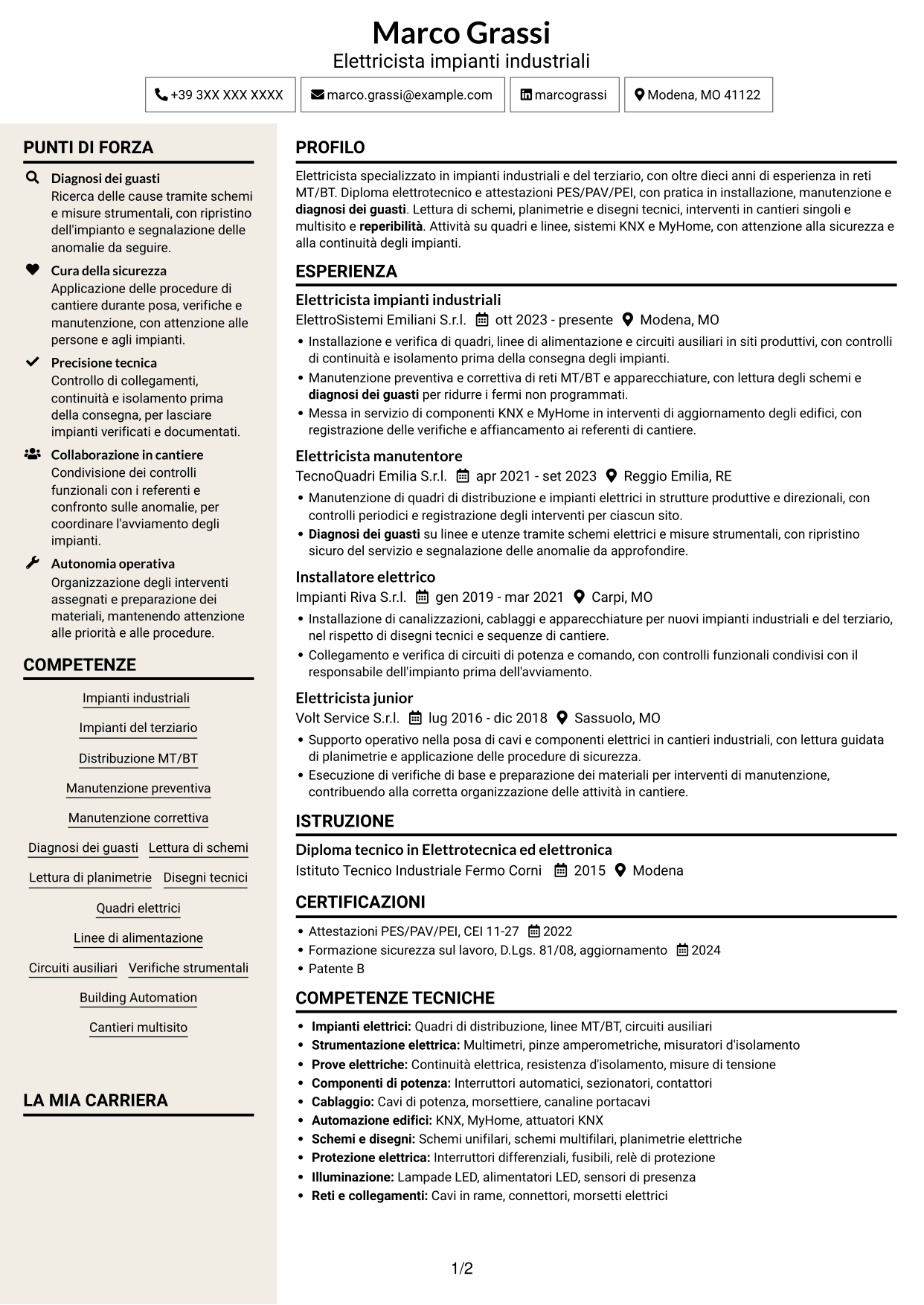 CV Intraprendente (formato a due colonne con intestazione centrata senza foto): Elettricista - Impianti industriali MT/BT, pagina 1