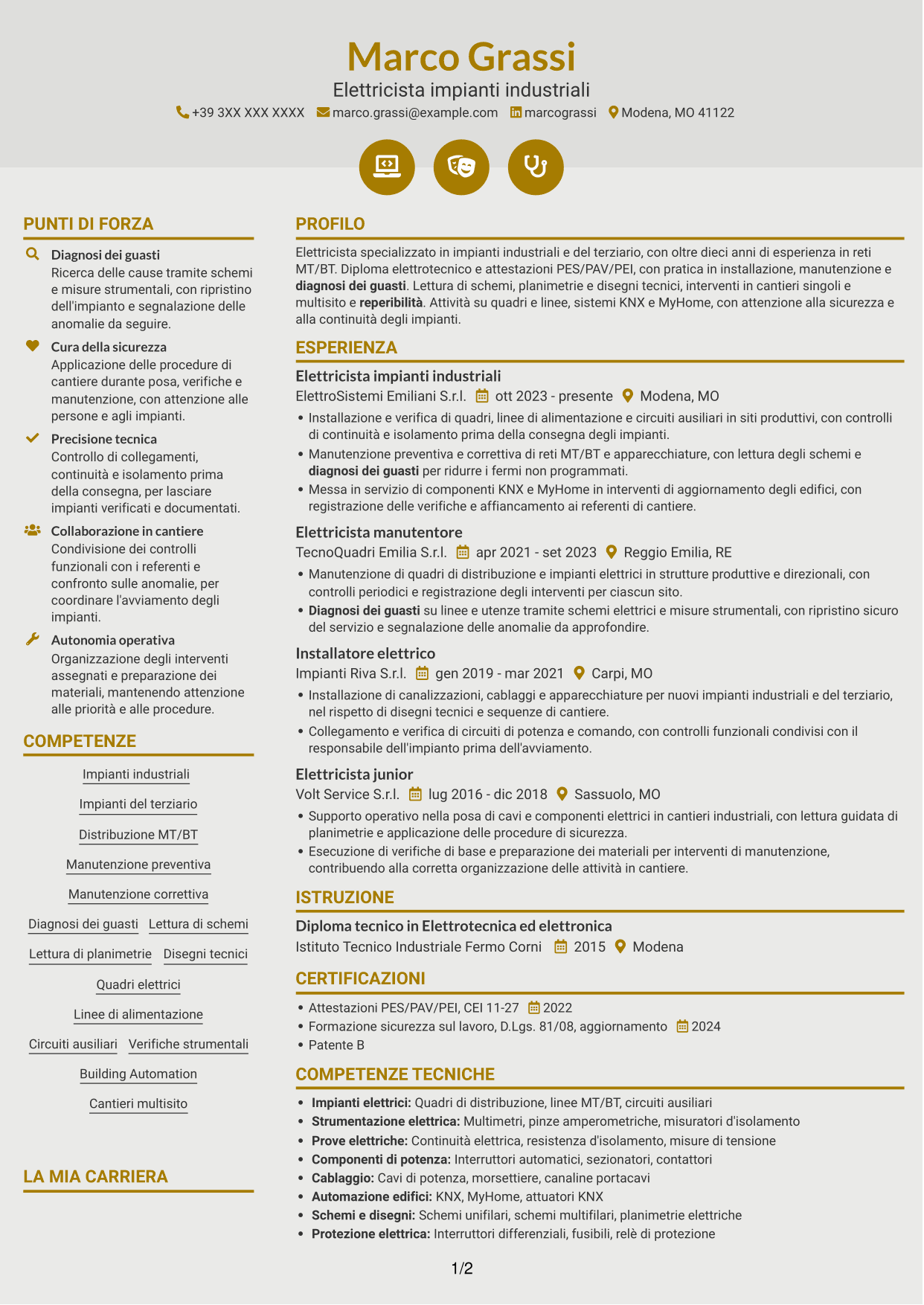 CV Dinamico (formato a due colonne con icone): Elettricista - Impianti industriali MT/BT, pagina 1