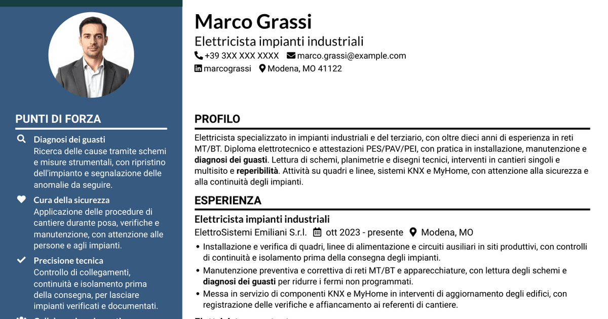 7 modelli di CV per Elettricista - Impianti industriali MT/BT, con esempi