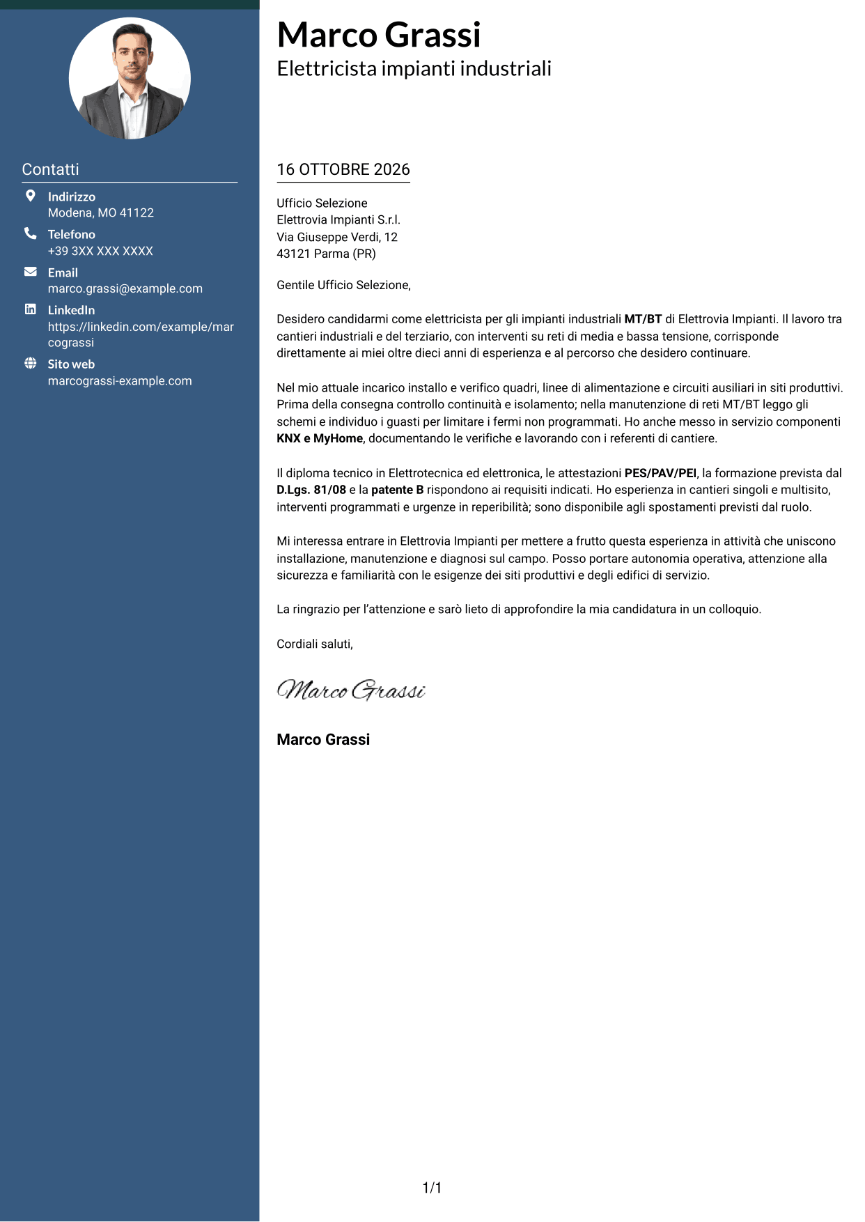 Lettera di presentazione Elegante (formato con colonna laterale colorata e foto): Elettricista - Impianti industriali MT/BT, pagina 1
