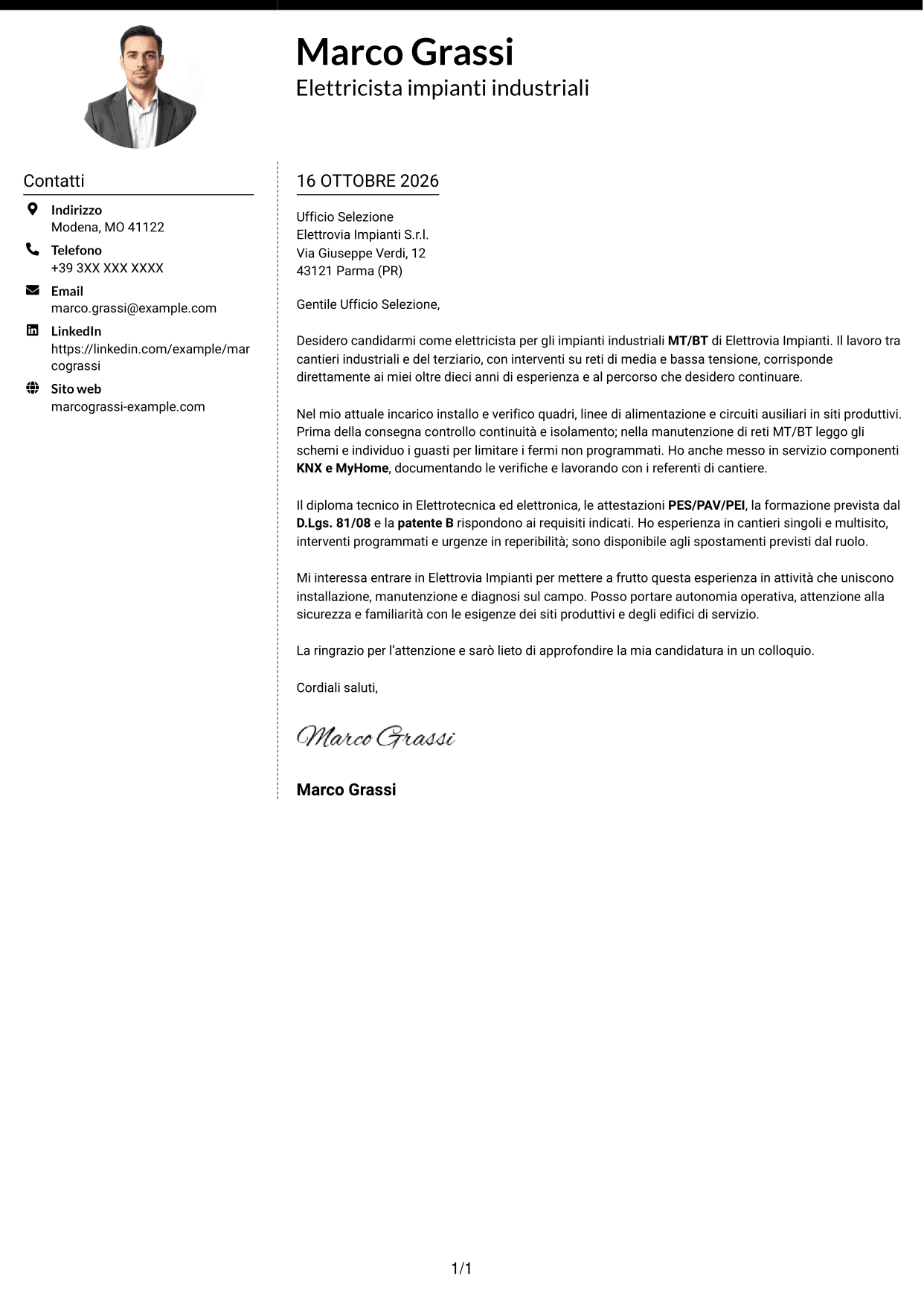 Lettera di presentazione Moderno (formato a due colonne con foto a sinistra e separatore): Elettricista - Impianti industriali MT/BT, pagina 1