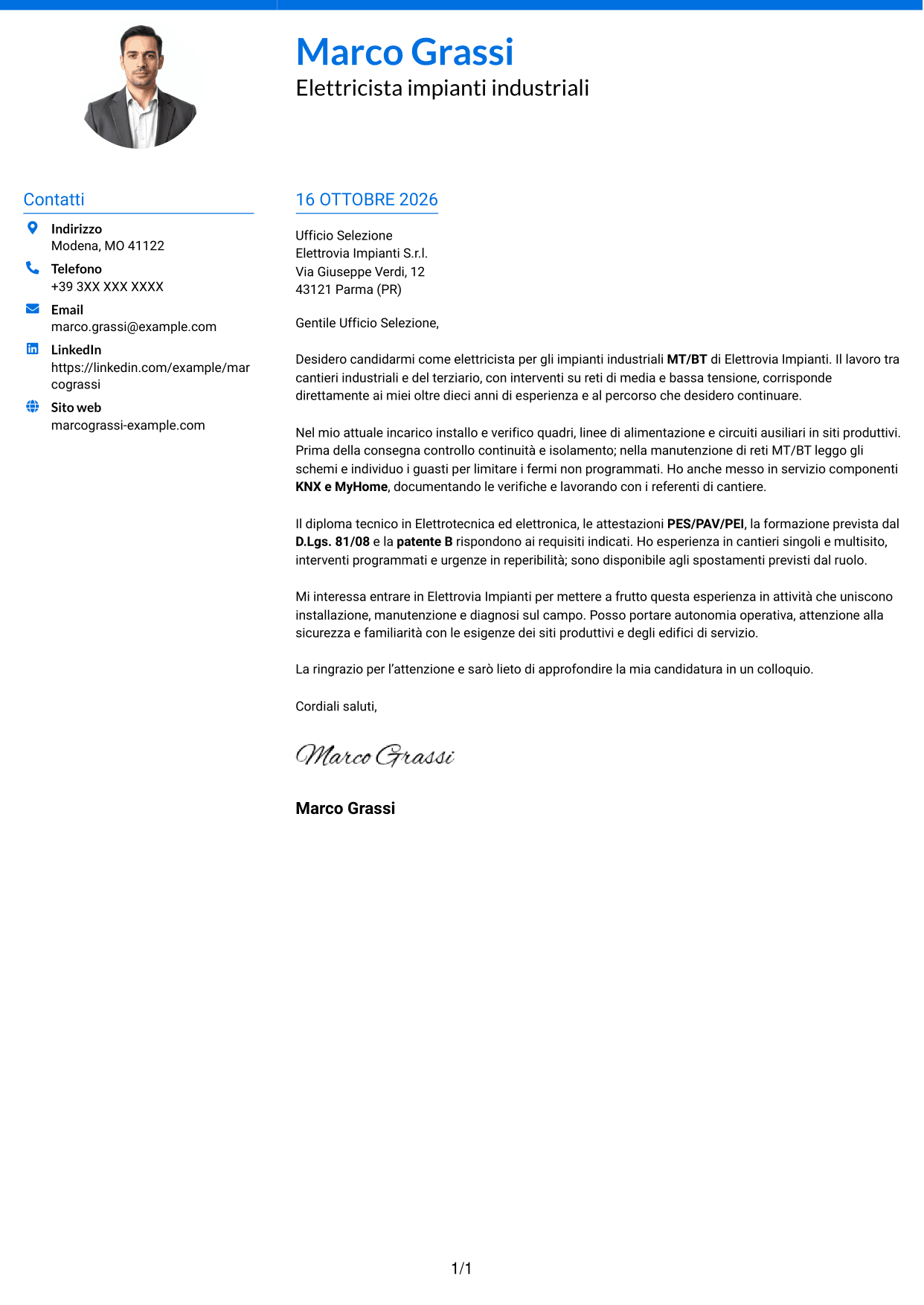 Lettera di presentazione Audace (formato a due colonne con accenti colorati e foto): Elettricista - Impianti industriali MT/BT, pagina 1