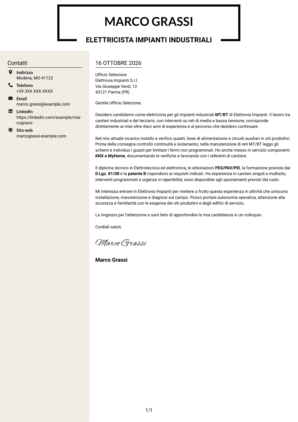 Lettera di presentazione Intraprendente (formato a due colonne con intestazione centrata senza foto): Elettricista - Impianti industriali MT/BT, pagina 1