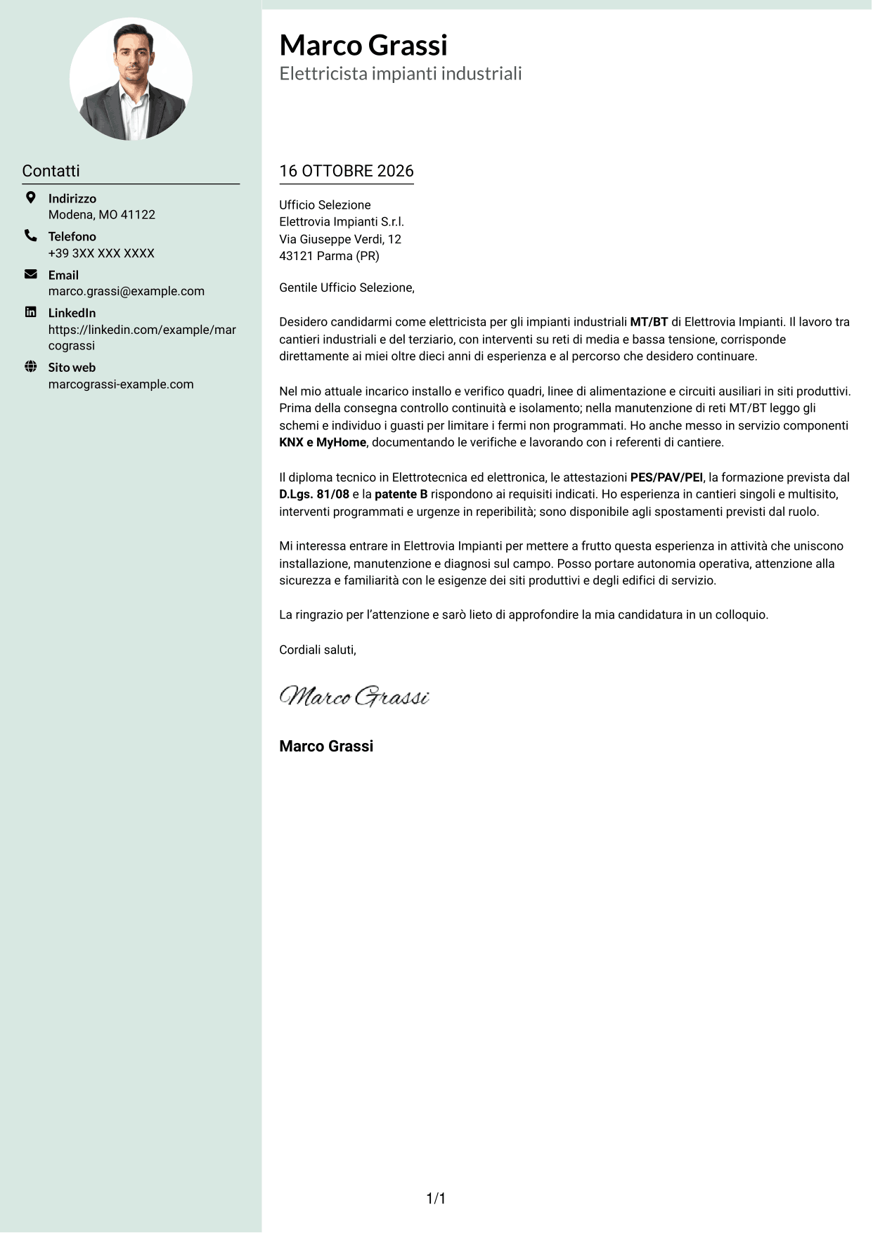 Lettera di presentazione Dirigente (formato con colonna laterale tenue e foto arrotondata): Elettricista - Impianti industriali MT/BT, pagina 1
