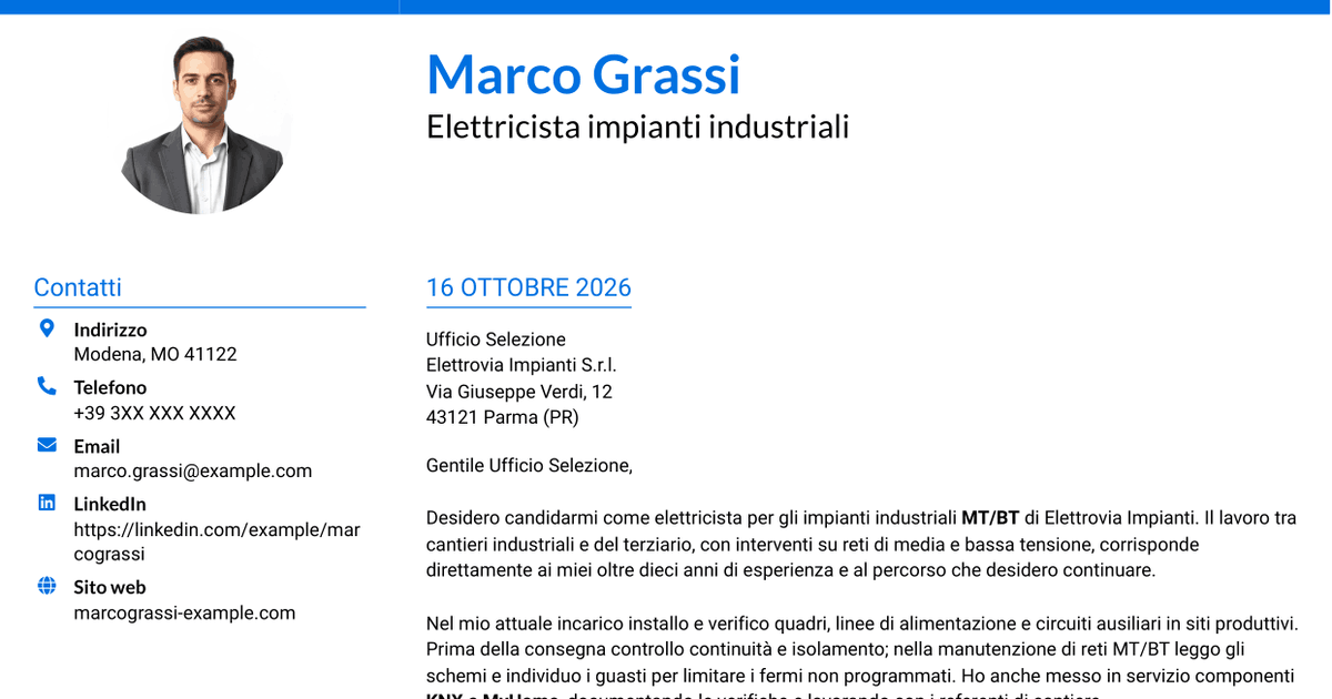 7 modelli di lettera di presentazione per Elettricista - Impianti industriali MT/BT, con esempi