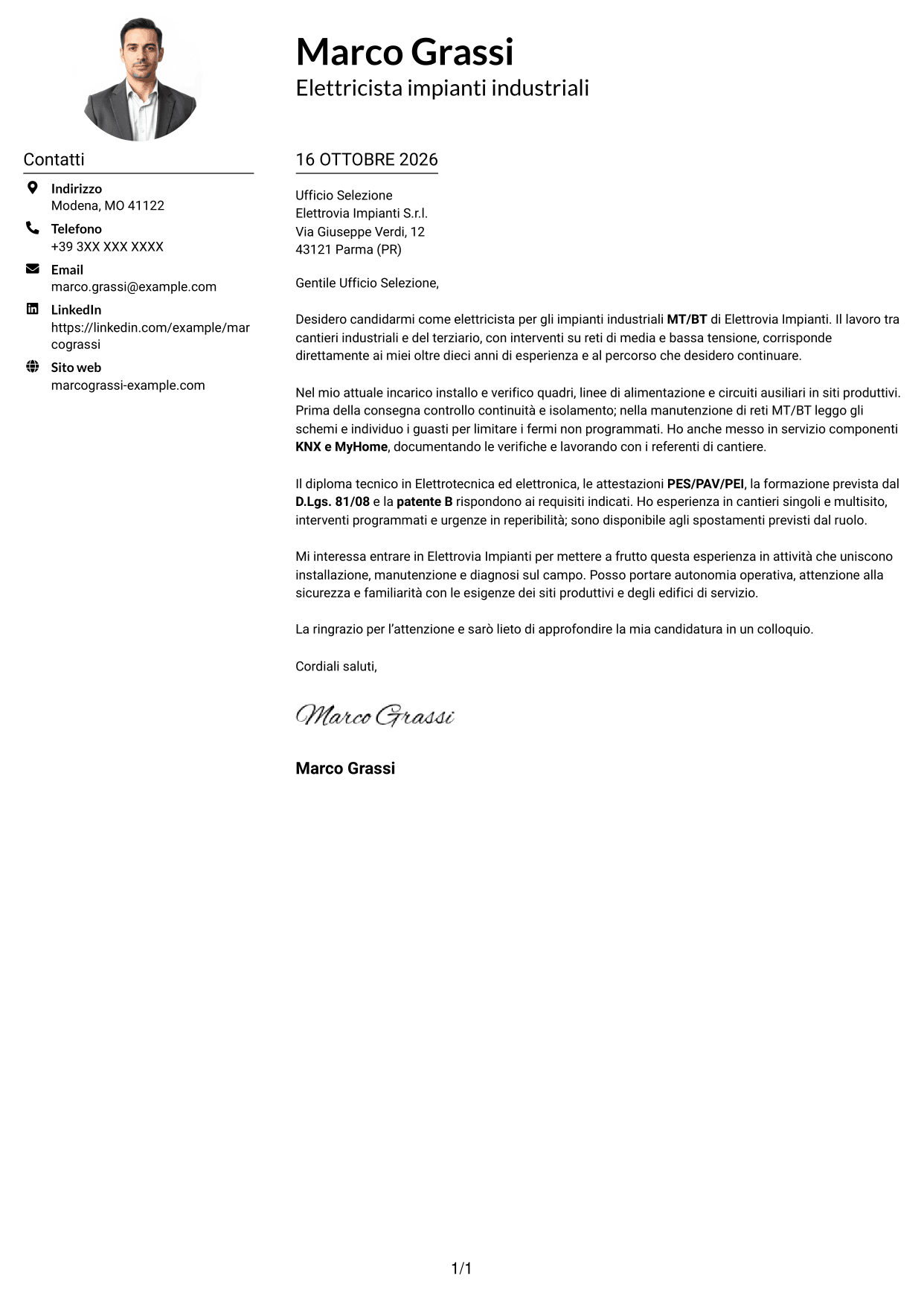 Esempio di lettera di presentazione — pagina 1