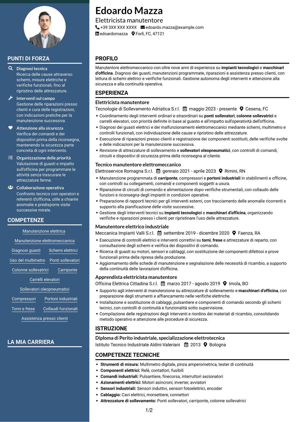 CV Elegante (formato con colonna laterale colorata e foto): Elettricista manutentore - Impianti e attrezzature d'officina, pagina 1