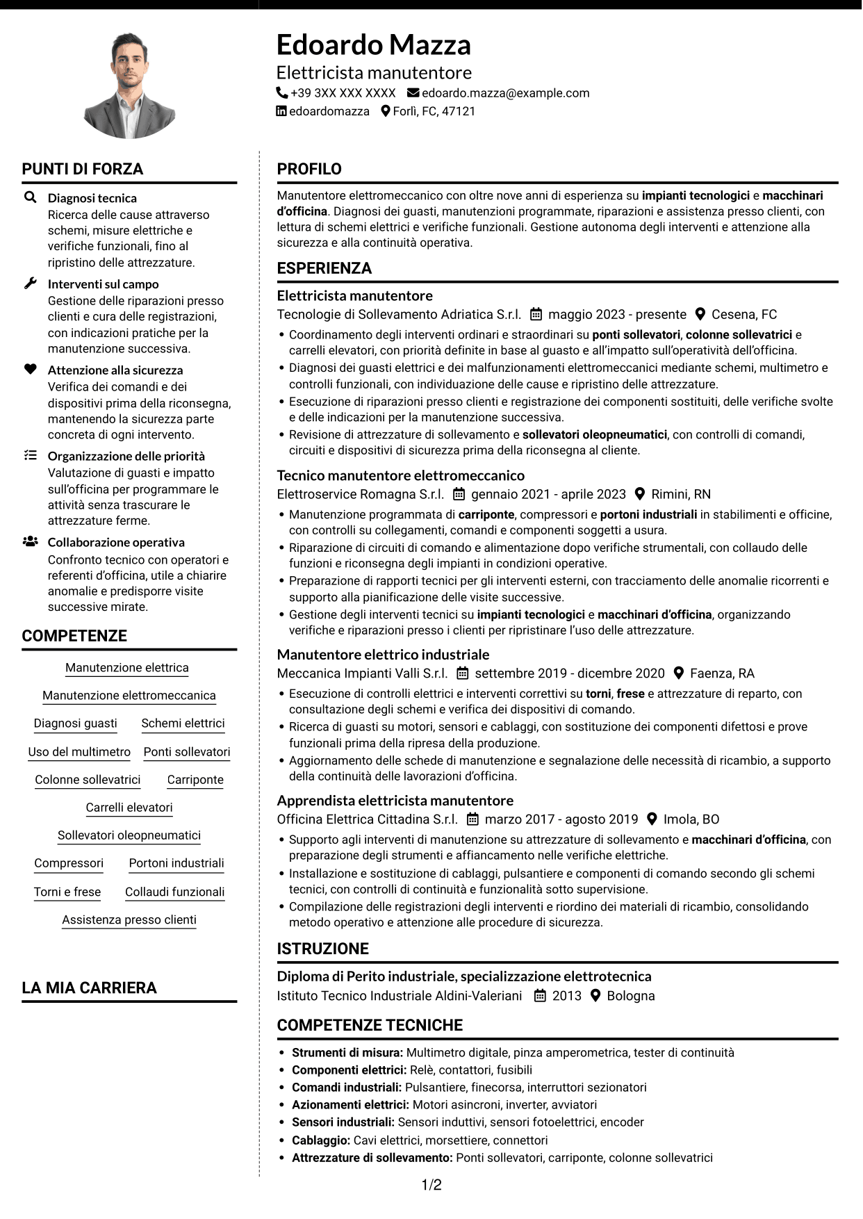 CV Moderno (formato a due colonne con foto a sinistra e separatore): Elettricista manutentore - Impianti e attrezzature d'officina, pagina 1