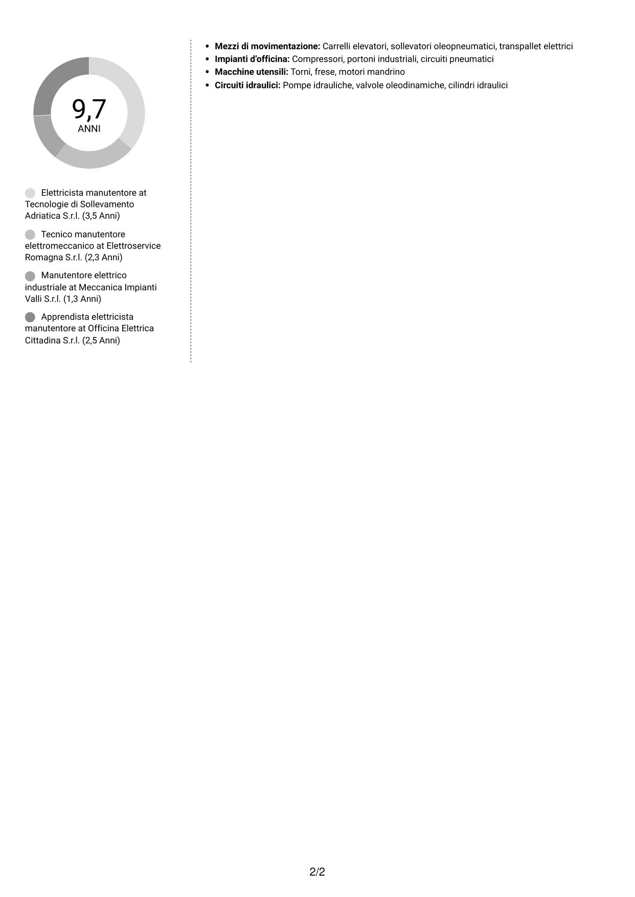 CV Moderno (formato a due colonne con foto a sinistra e separatore): Elettricista manutentore - Impianti e attrezzature d'officina, pagina 2