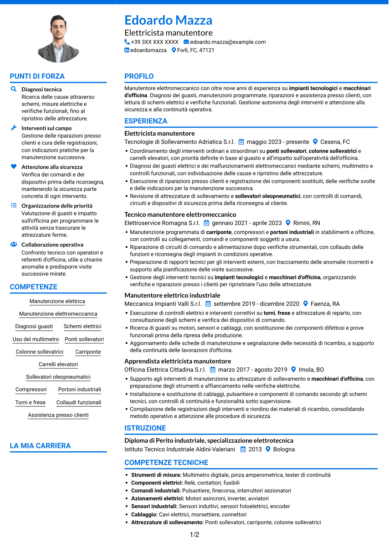 CV Audace (formato a due colonne con accenti colorati e foto): Elettricista manutentore - Impianti e attrezzature d'officina, pagina 1