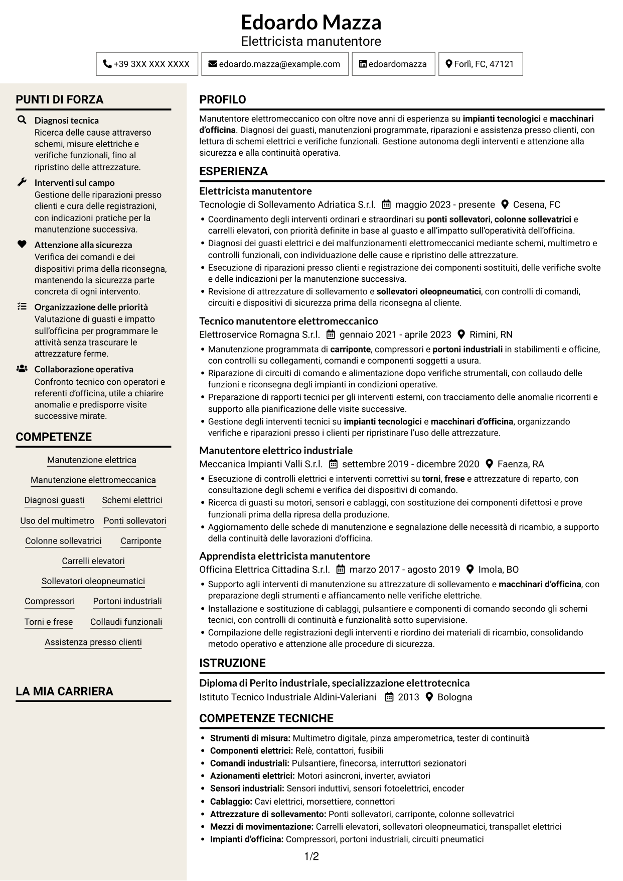 CV Intraprendente (formato a due colonne con intestazione centrata senza foto): Elettricista manutentore - Impianti e attrezzature d'officina, pagina 1