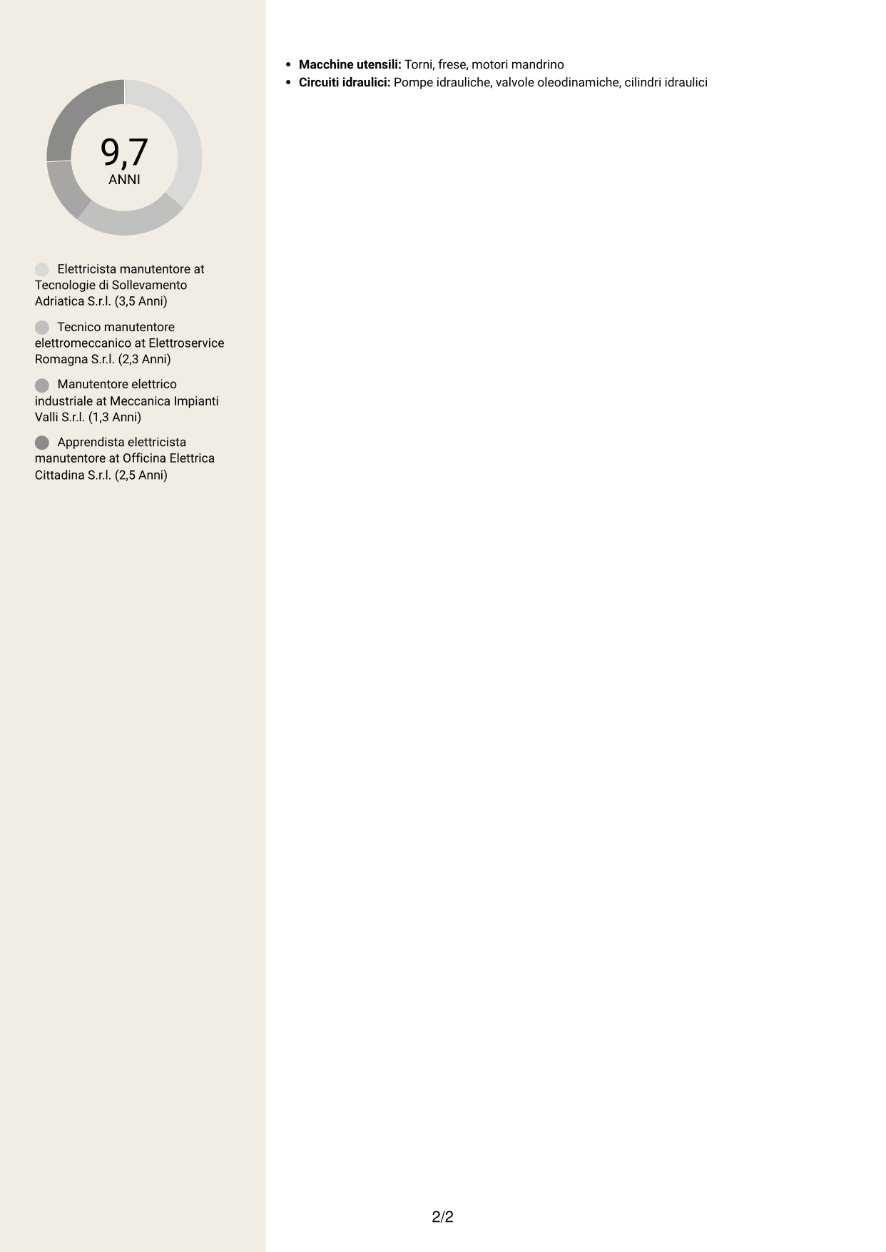 CV Intraprendente (formato a due colonne con intestazione centrata senza foto): Elettricista manutentore - Impianti e attrezzature d'officina, pagina 2