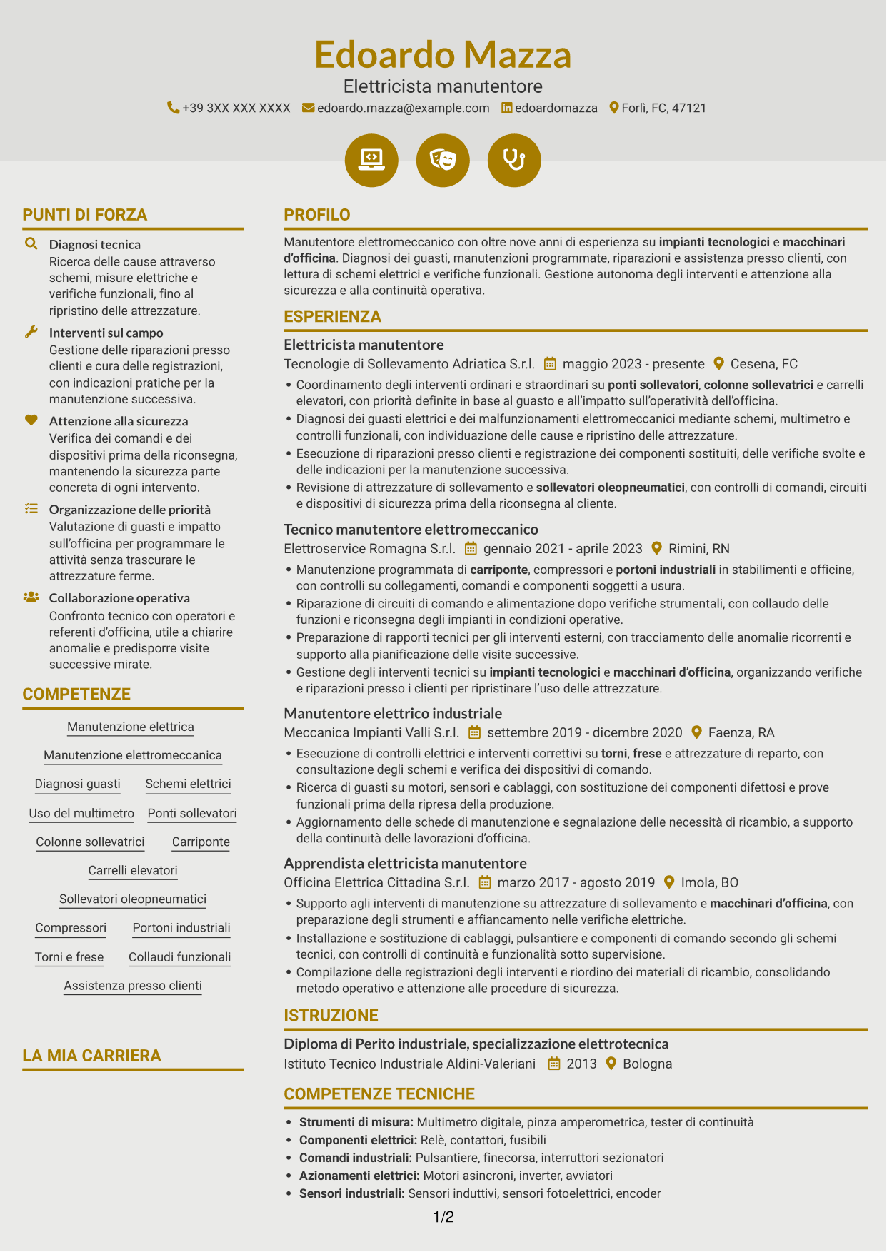 CV Dinamico (formato a due colonne con icone): Elettricista manutentore - Impianti e attrezzature d'officina, pagina 1