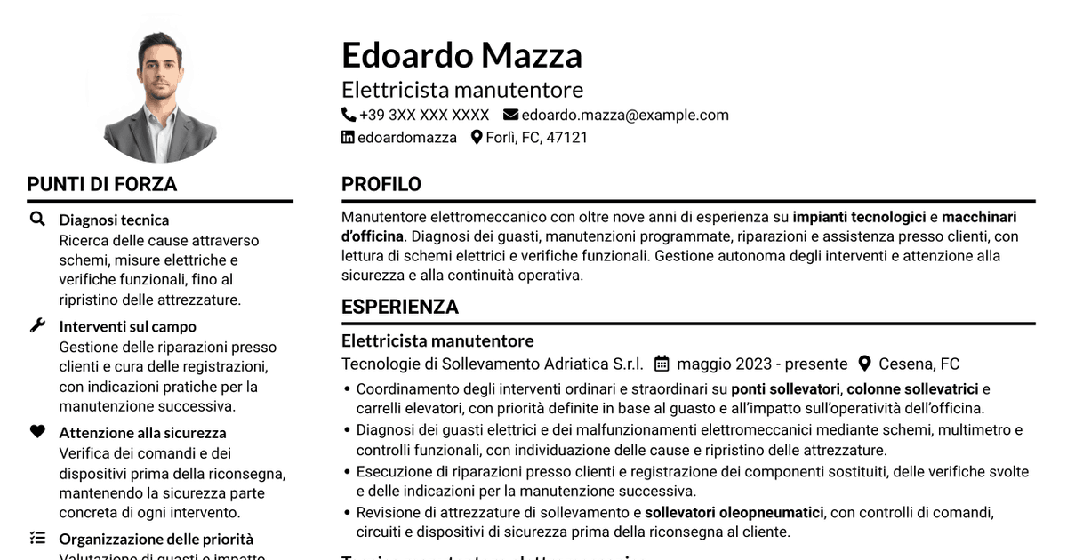 7 modelli di CV per Elettricista manutentore - Impianti e attrezzature d'officina, con esempi