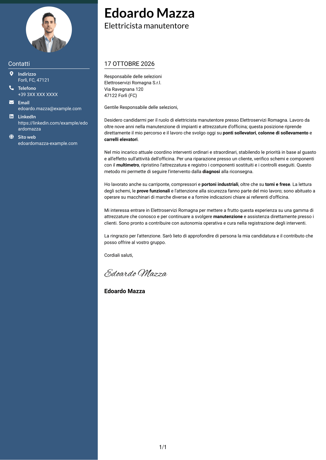 Lettera di presentazione Elegante (formato con colonna laterale colorata e foto): Elettricista manutentore - Impianti e attrezzature d'officina, pagina 1