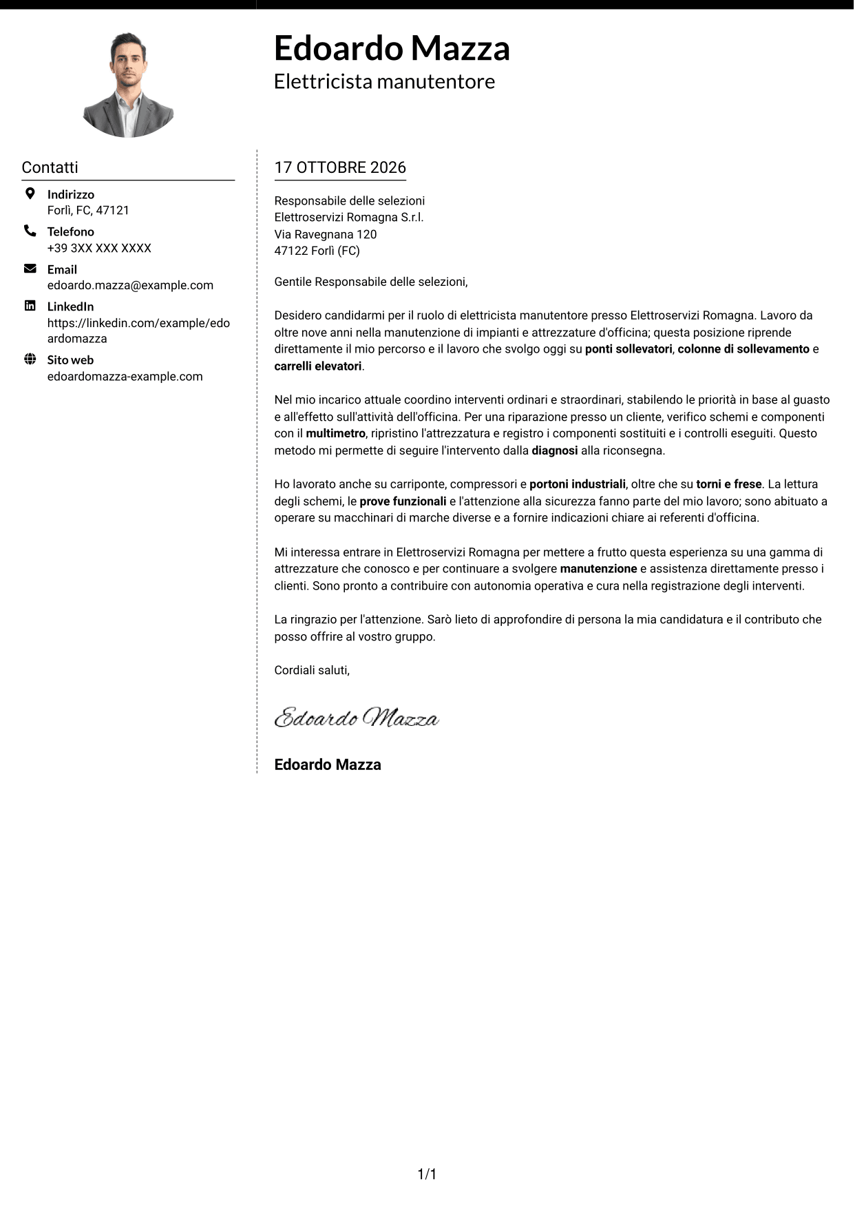Lettera di presentazione Moderno (formato a due colonne con foto a sinistra e separatore): Elettricista manutentore - Impianti e attrezzature d'officina, pagina 1