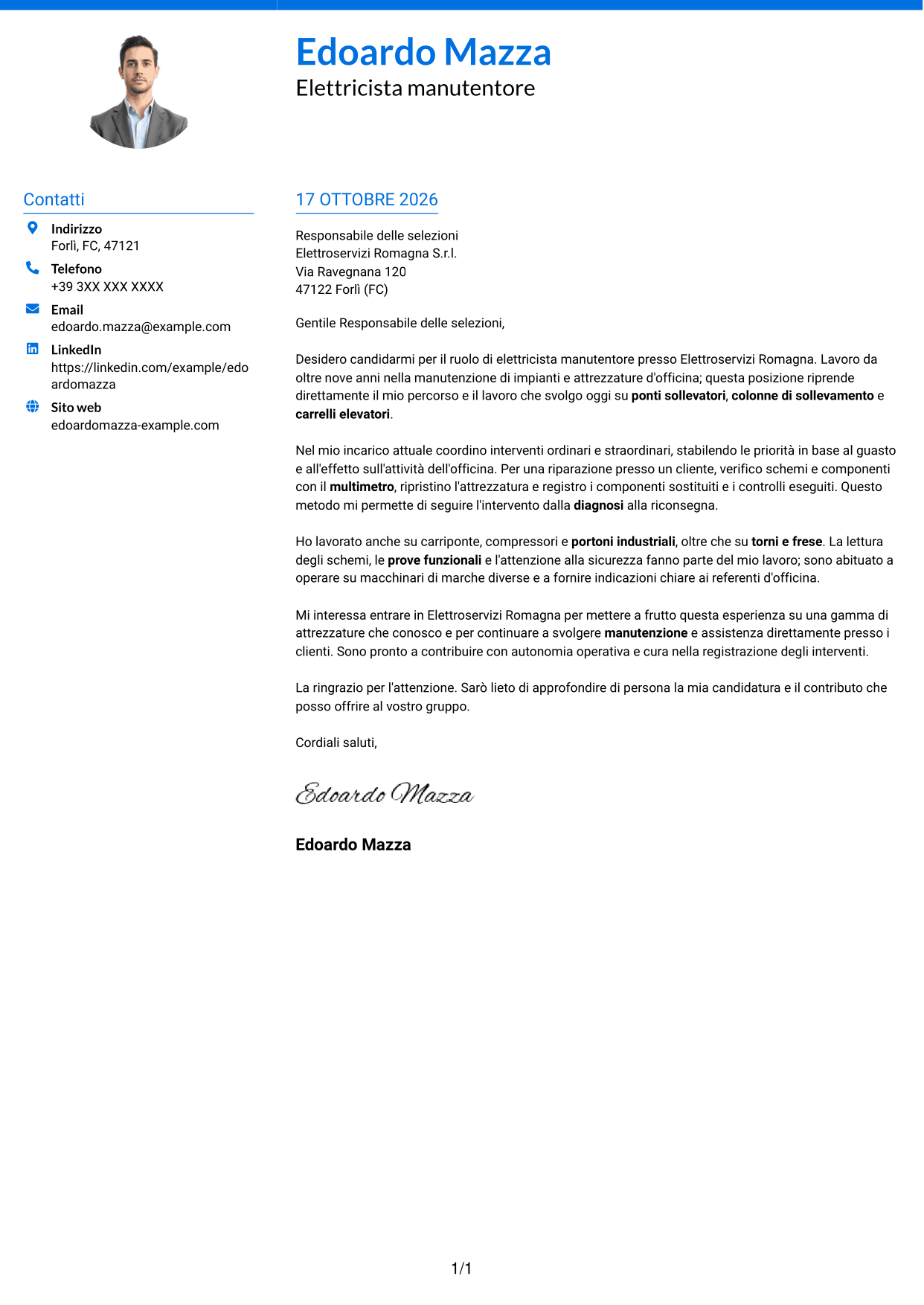 Lettera di presentazione Audace (formato a due colonne con accenti colorati e foto): Elettricista manutentore - Impianti e attrezzature d'officina, pagina 1