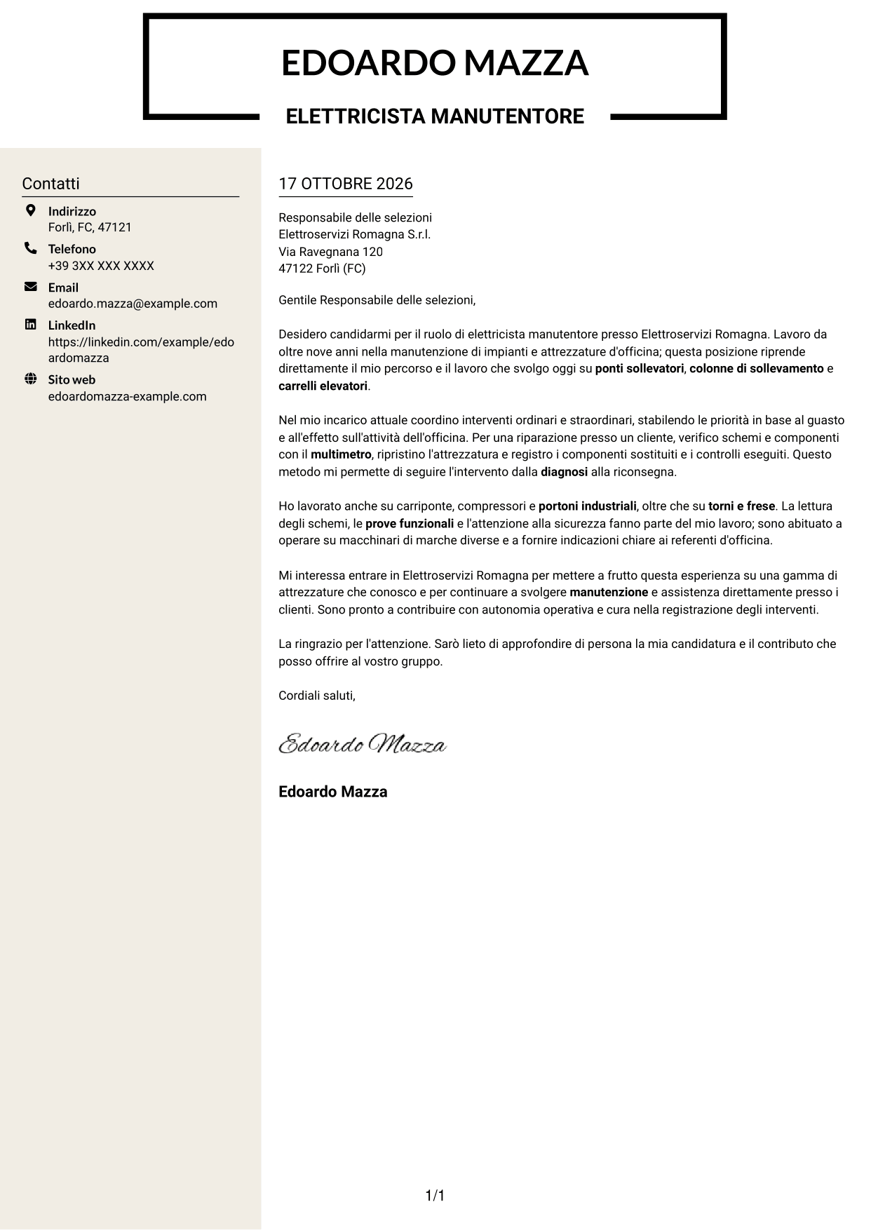 Lettera di presentazione Intraprendente (formato a due colonne con intestazione centrata senza foto): Elettricista manutentore - Impianti e attrezzature d'officina, pagina 1