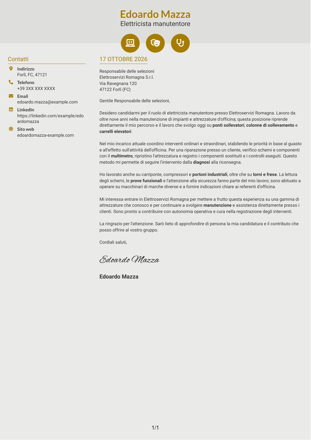 Lettera di presentazione Dinamico (formato a due colonne con icone): Elettricista manutentore - Impianti e attrezzature d'officina, pagina 1
