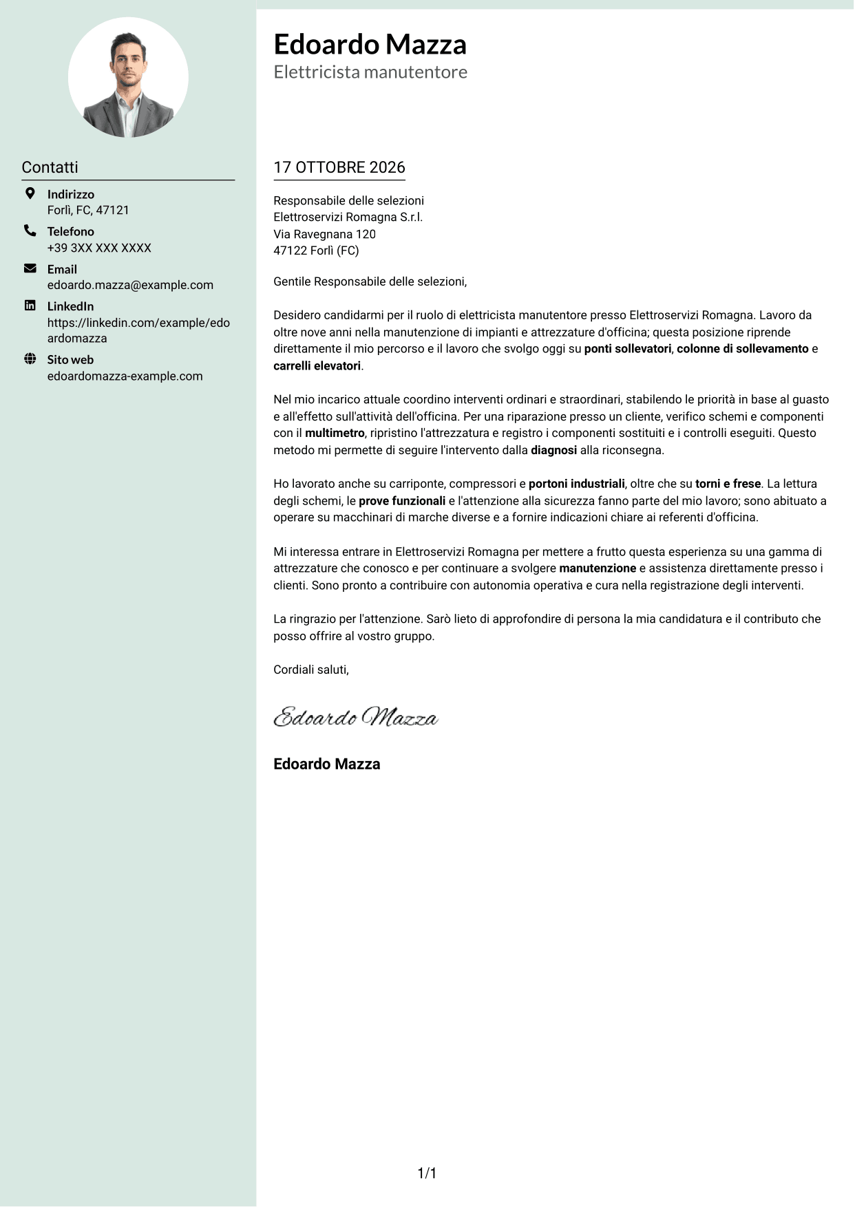 Lettera di presentazione Dirigente (formato con colonna laterale tenue e foto arrotondata): Elettricista manutentore - Impianti e attrezzature d'officina, pagina 1