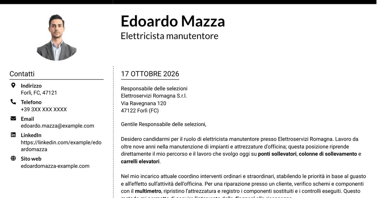 7 modelli di lettera di presentazione per Elettricista manutentore - Impianti e attrezzature d'officina, con esempi