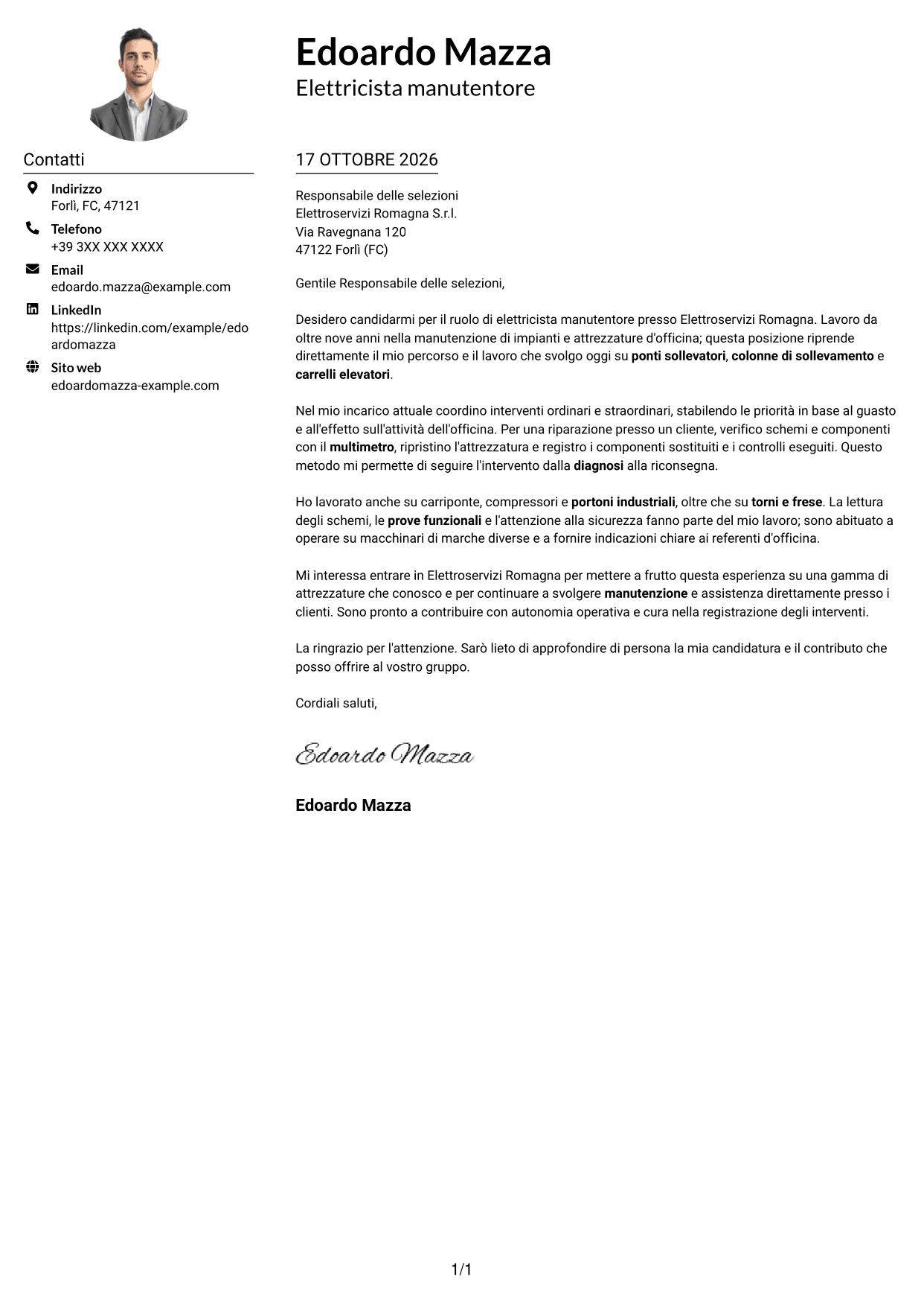 Esempio di lettera di presentazione — pagina 1