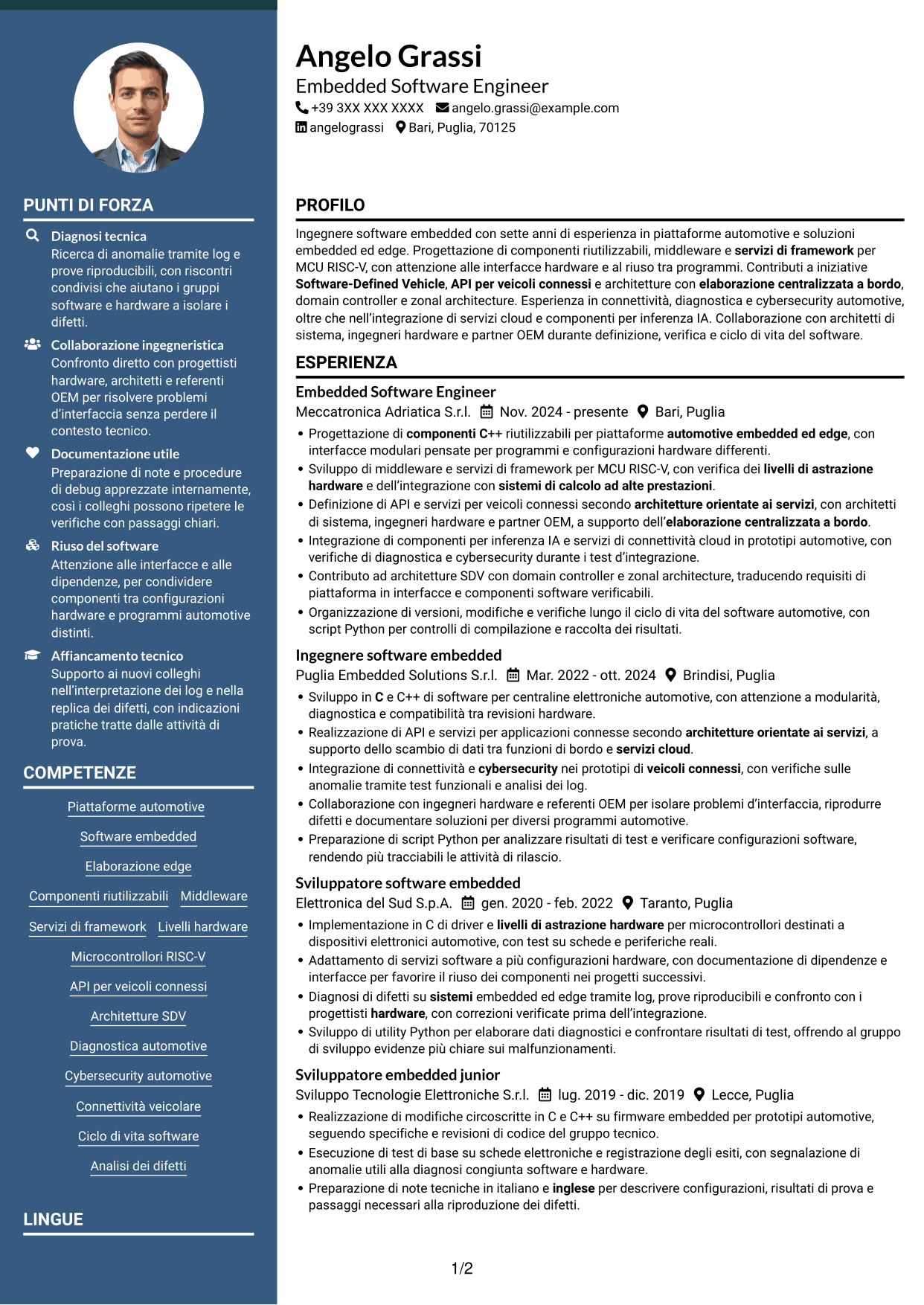 CV Elegante (formato con colonna laterale colorata e foto): Embedded Software Engineer - Piattaforme software automotive, pagina 1